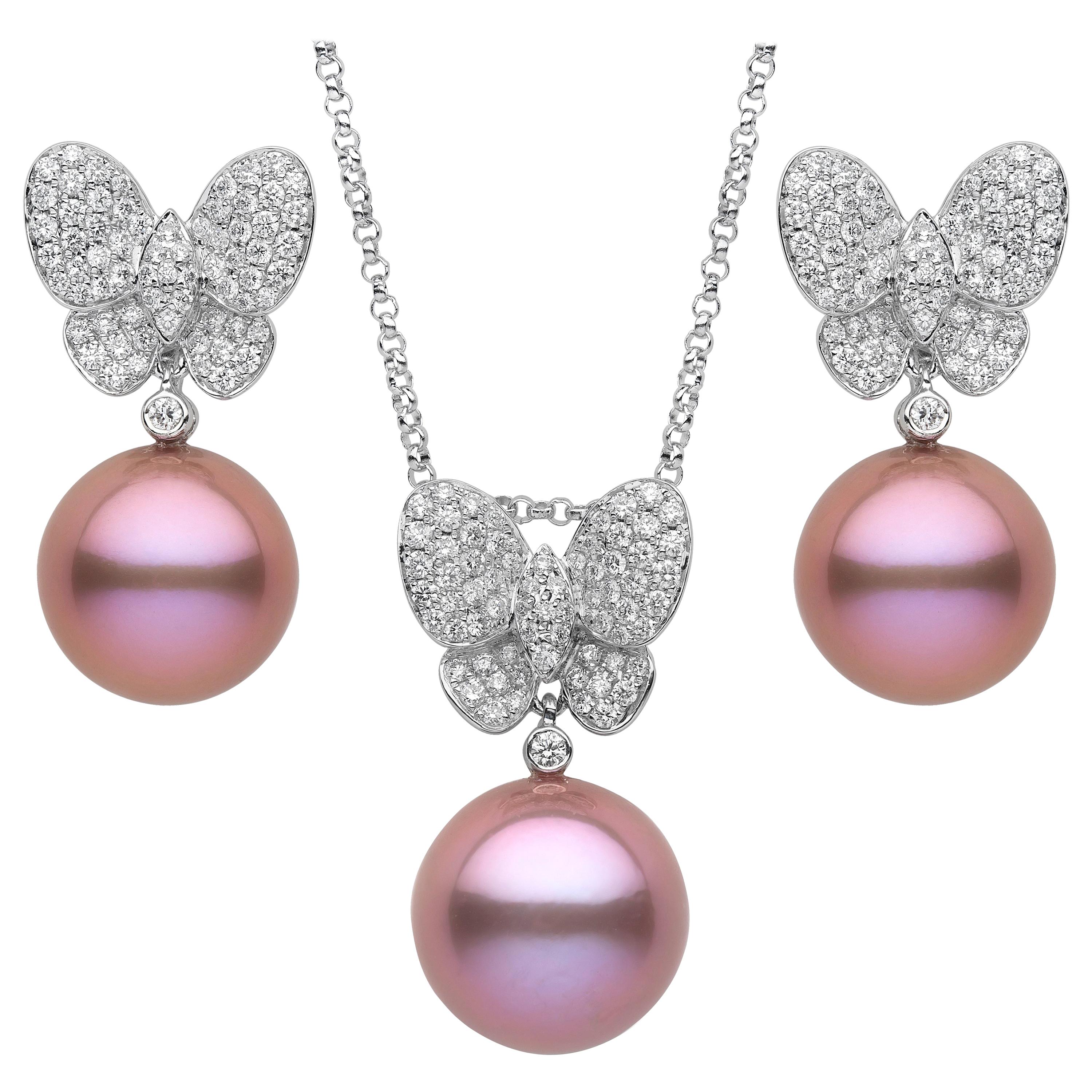 Yoko London Freshwater Pearl and Diamond Pendant & Earring Set in 18 Karat Gold