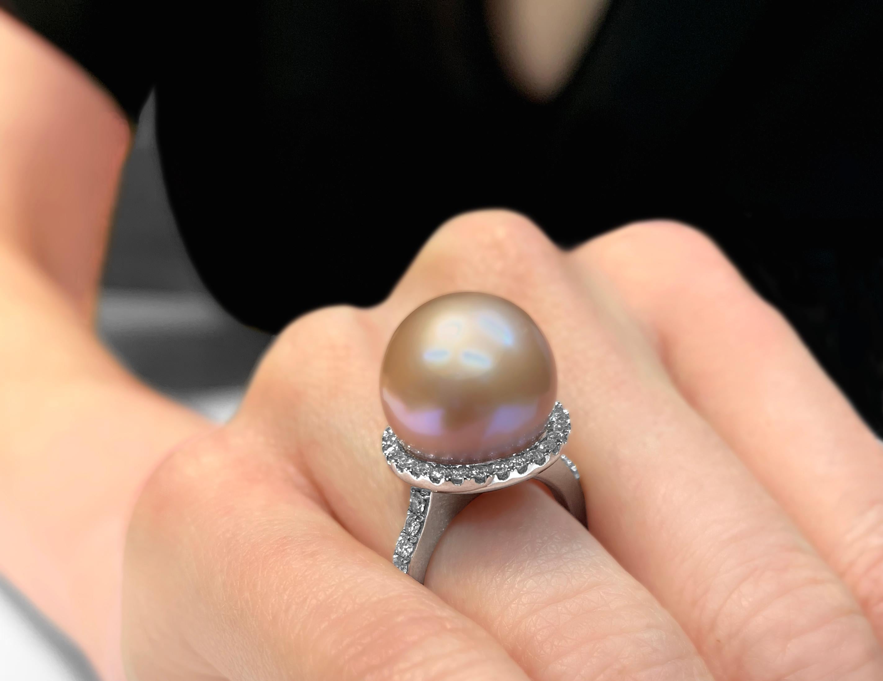 Round Cut Yoko London Freshwater Pearl and Diamond Ring in 18 Karat White Gold For Sale