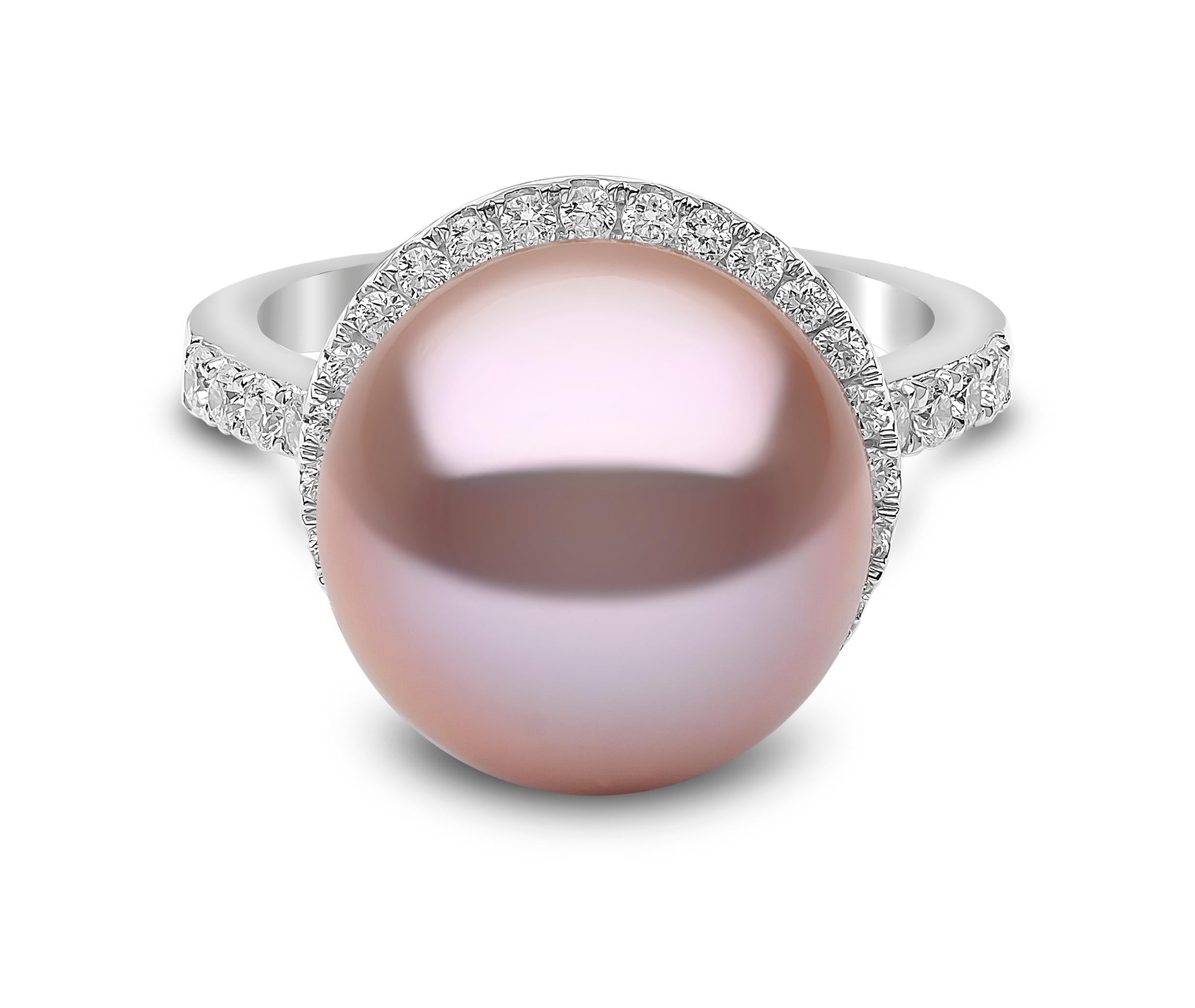 Round Cut Yoko London Freshwater Pearl and Diamond Ring, Set in 18 Karat White Gold