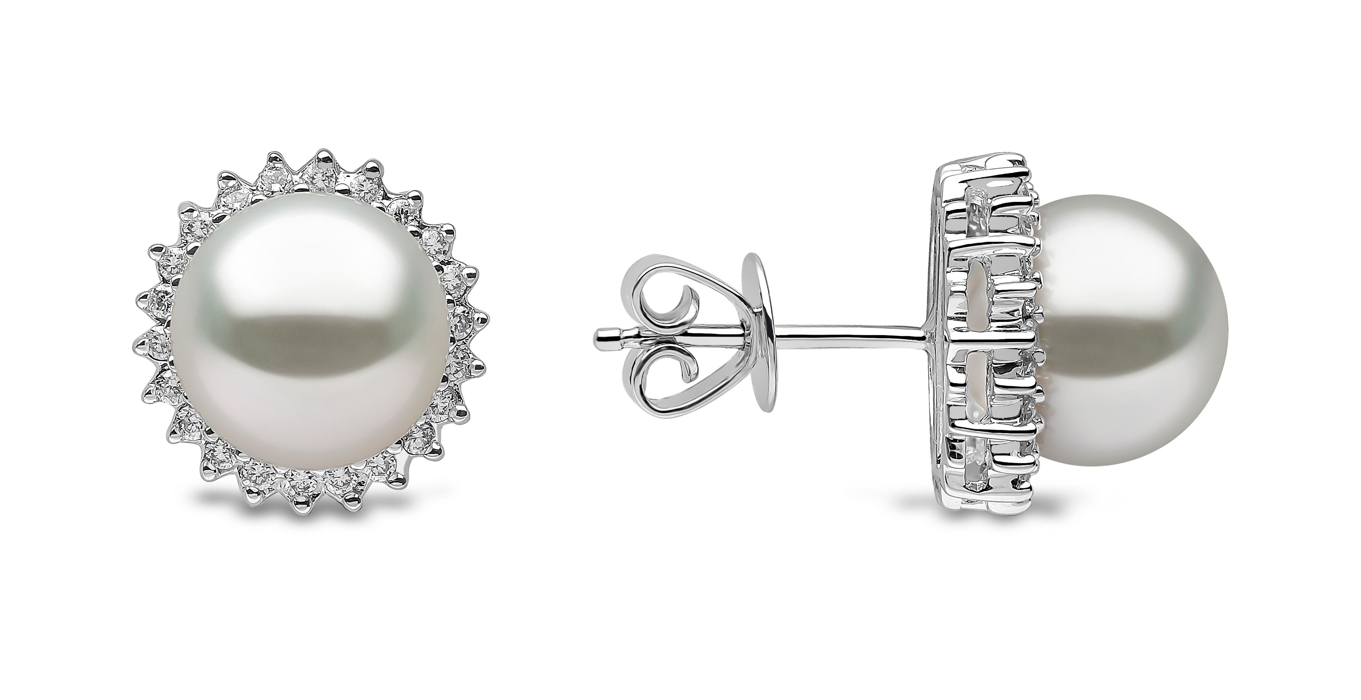 Modern Yoko London Freshwater Pearl and Diamond Stud Earrings, Set in 18 Karat Gold