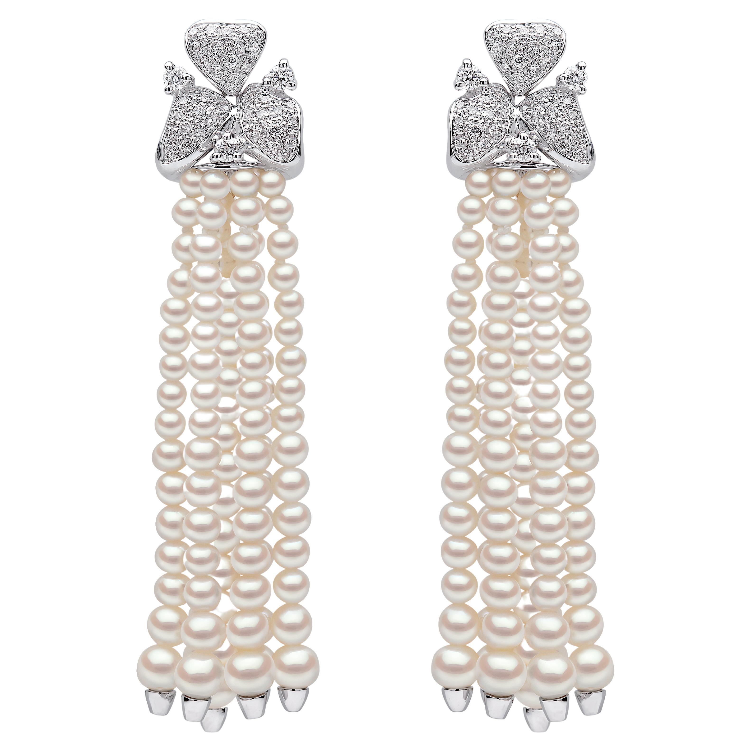 Yoko London Freshwater Pearl and Diamond Tassel Earrings in 18 Karat White Gold For Sale