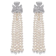 Yoko London Freshwater Pearl and Diamond Tassel Earrings in 18 Karat White Gold