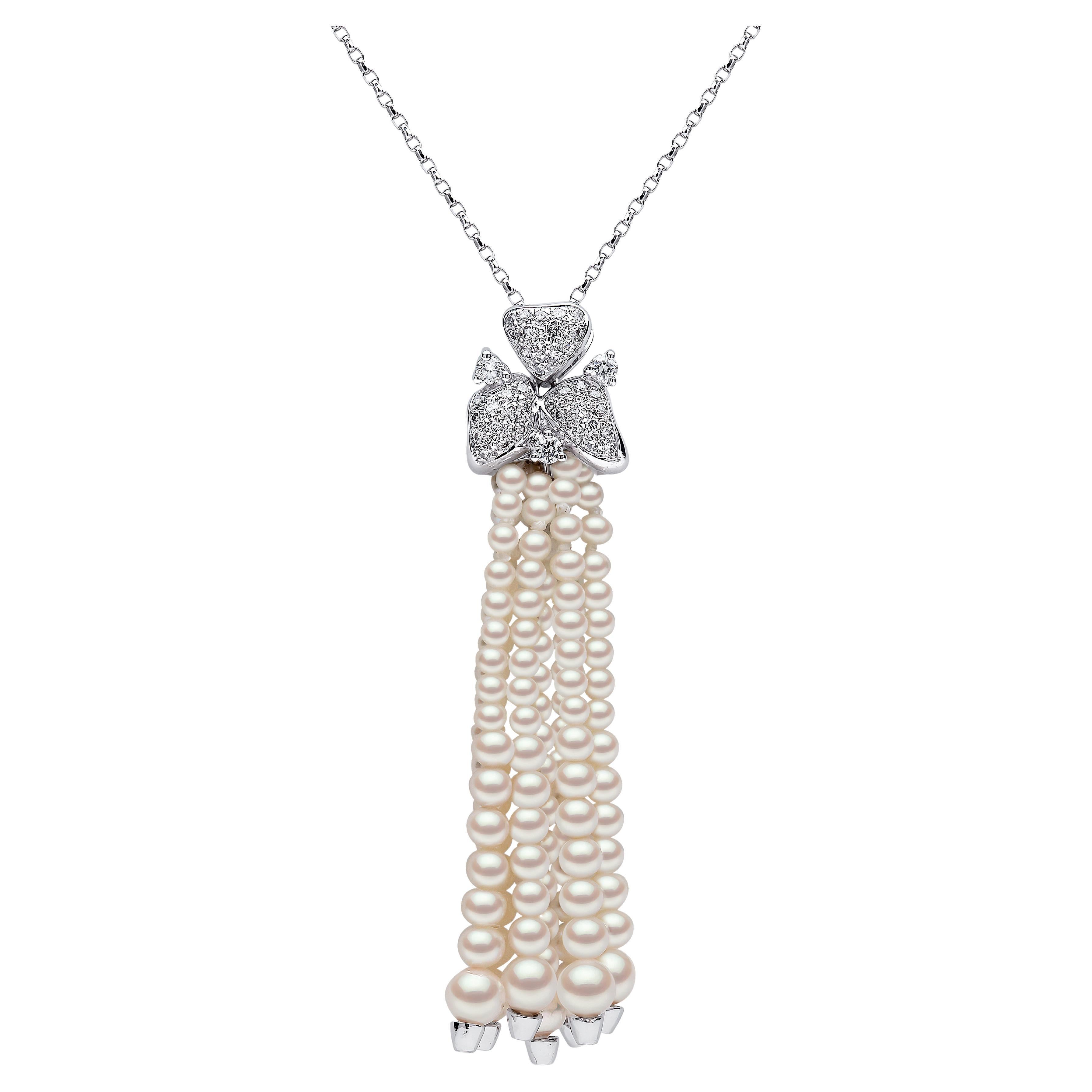 Yoko London Freshwater Pearl and Diamond Tassel Pendant in 18 Karat White Gold For Sale
