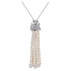 Yoko London Freshwater Pearl and Diamond Tassel Pendant in 18 Karat White Gold