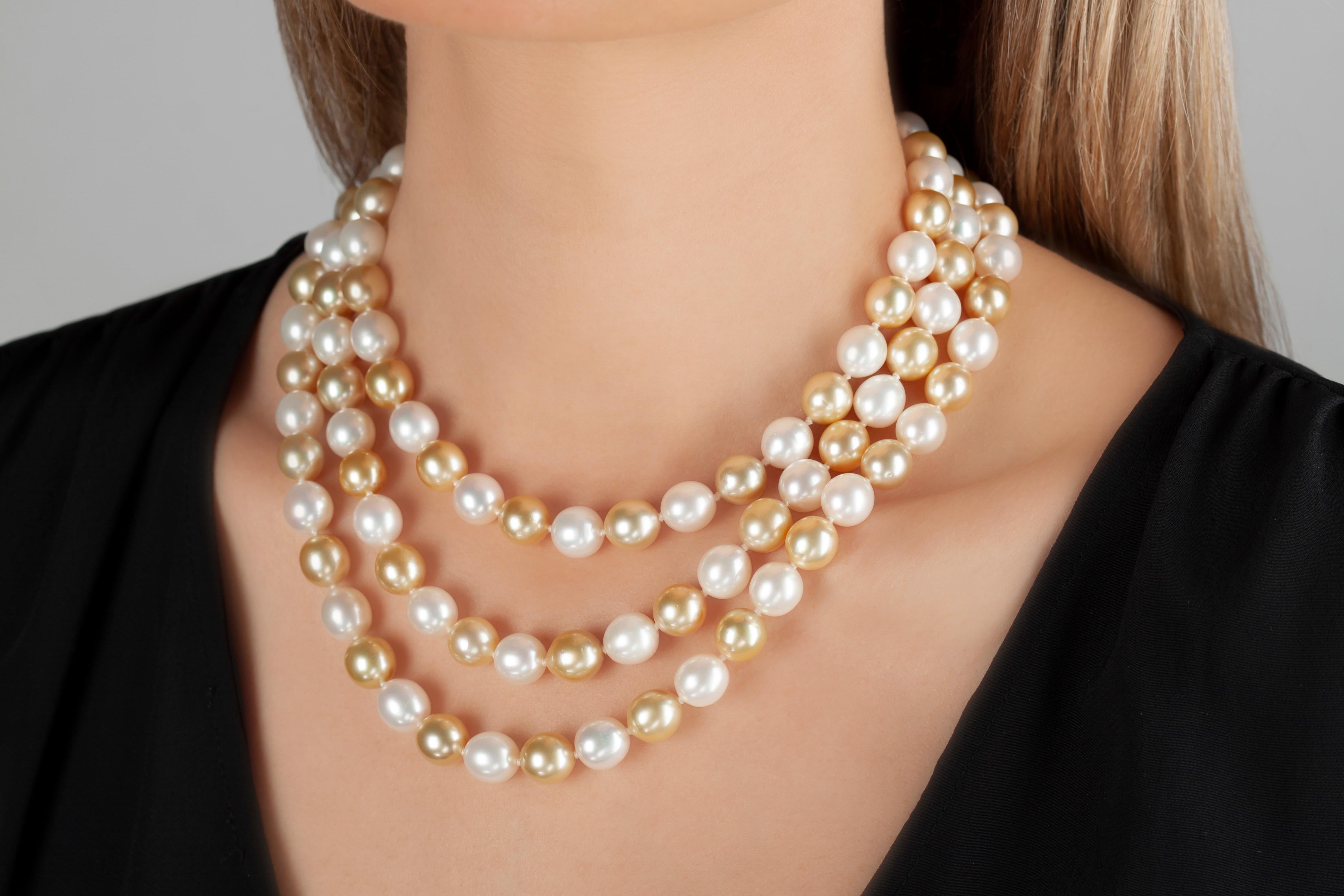 This mesmeric necklace by Yoko London features three rows of alternating Golden South Sea and Freshwater pearls. Each of the pearls in this necklace has been painstakingly selected according to size, colour, shape and quality by experts in our