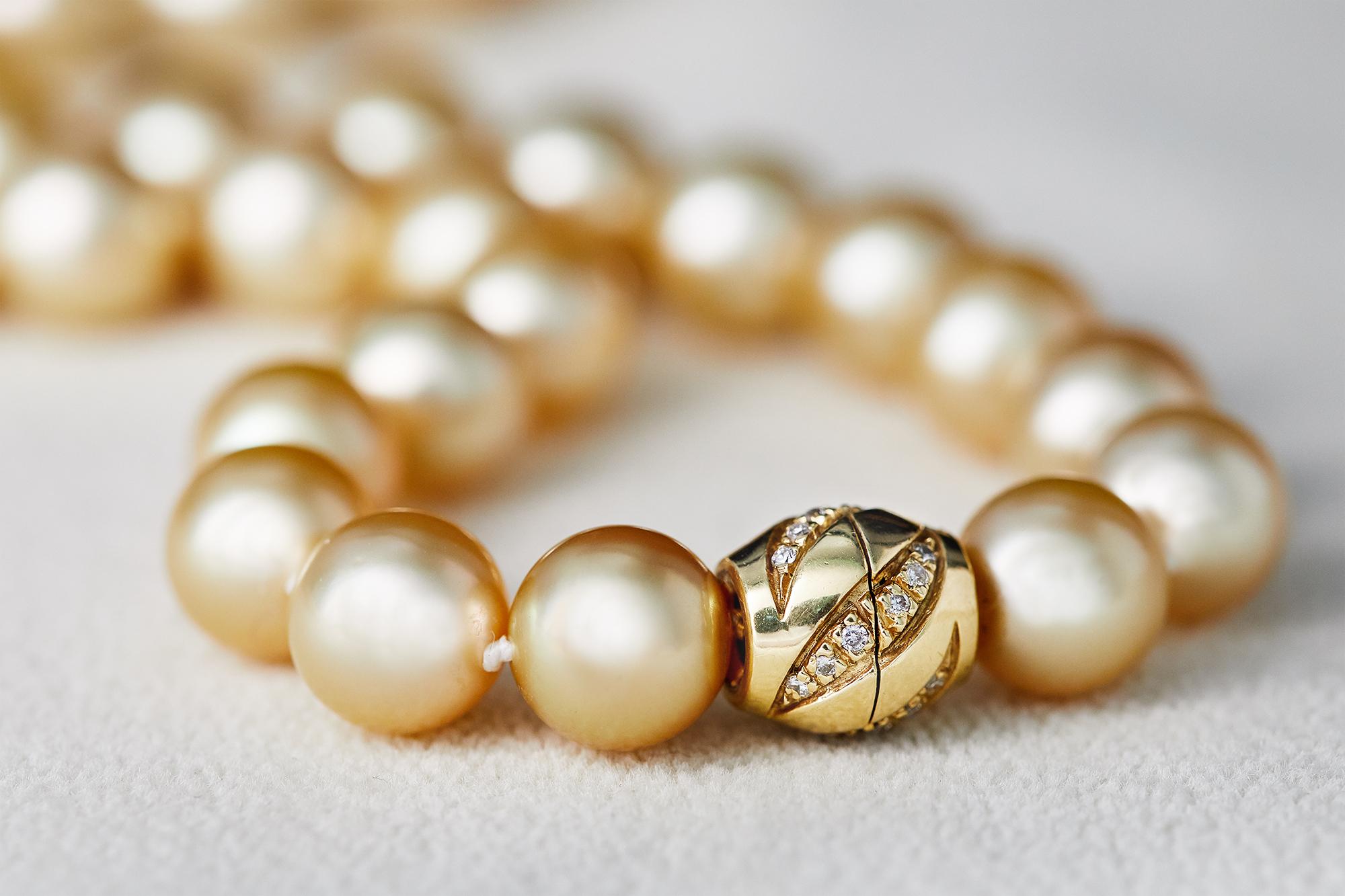 Round Cut Yoko London Classic Golden South Sea Pearl and Diamond Necklace 18 Karat Gold
