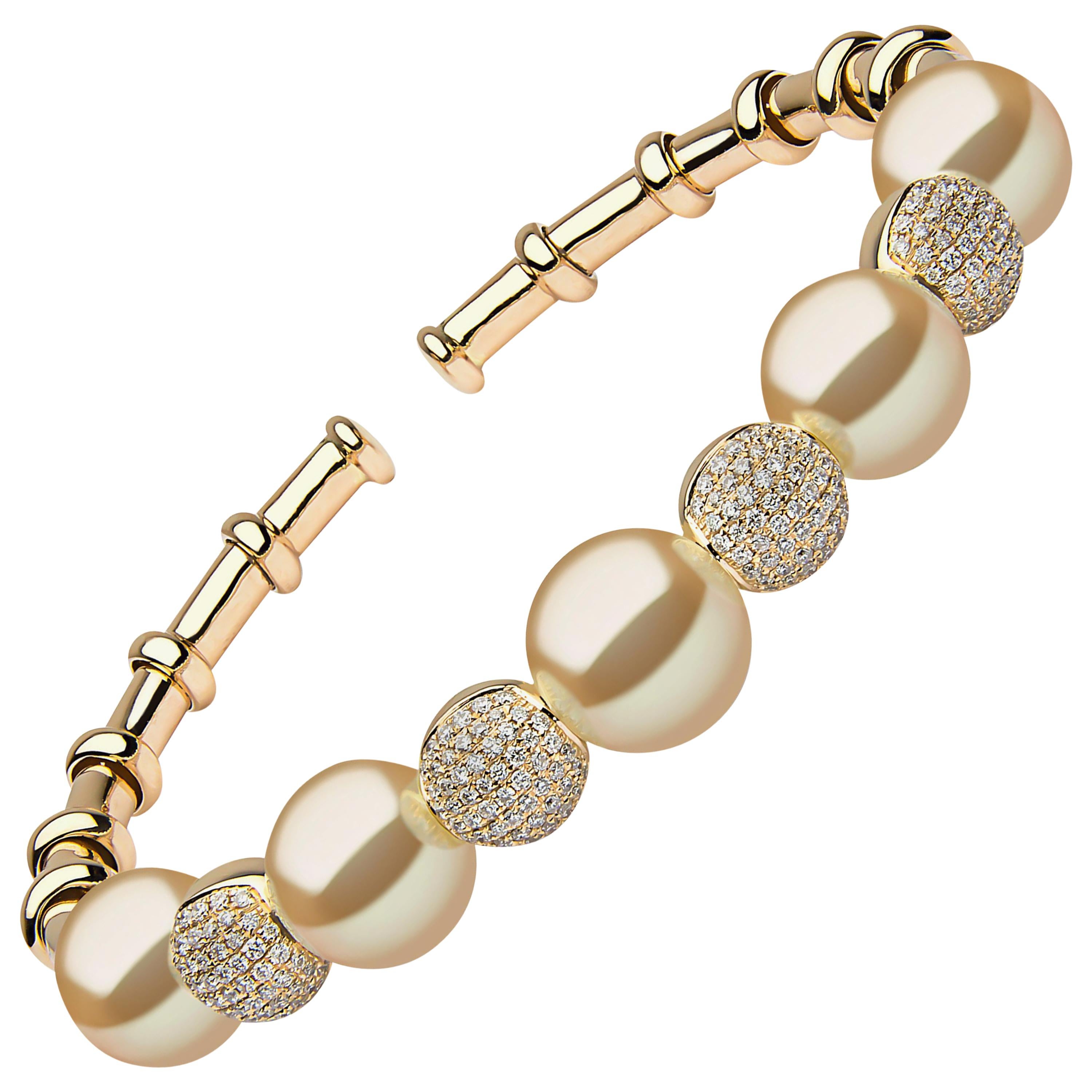 Yoko London Golden South Sea Pearl and Diamond Bangle in 18 Karat Yellow Gold For Sale