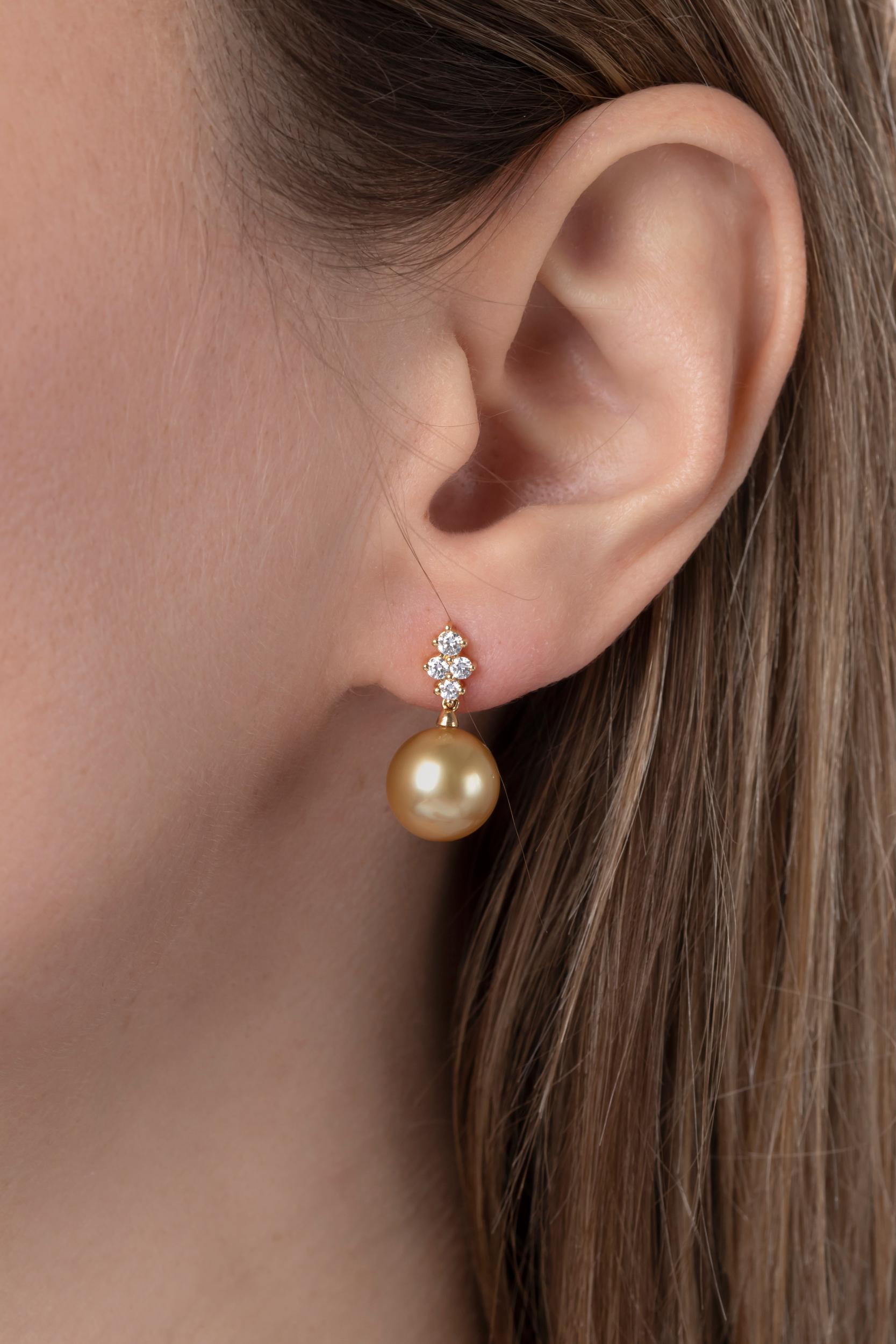 Sparkling white diamonds are delicately set in 18K yellow gold above lustrous Indonesian Golden South Sea Pearls,  which have been hand selected by Yoko London experts for their colour, lustre, surface appearance and shape. 
Style with a 