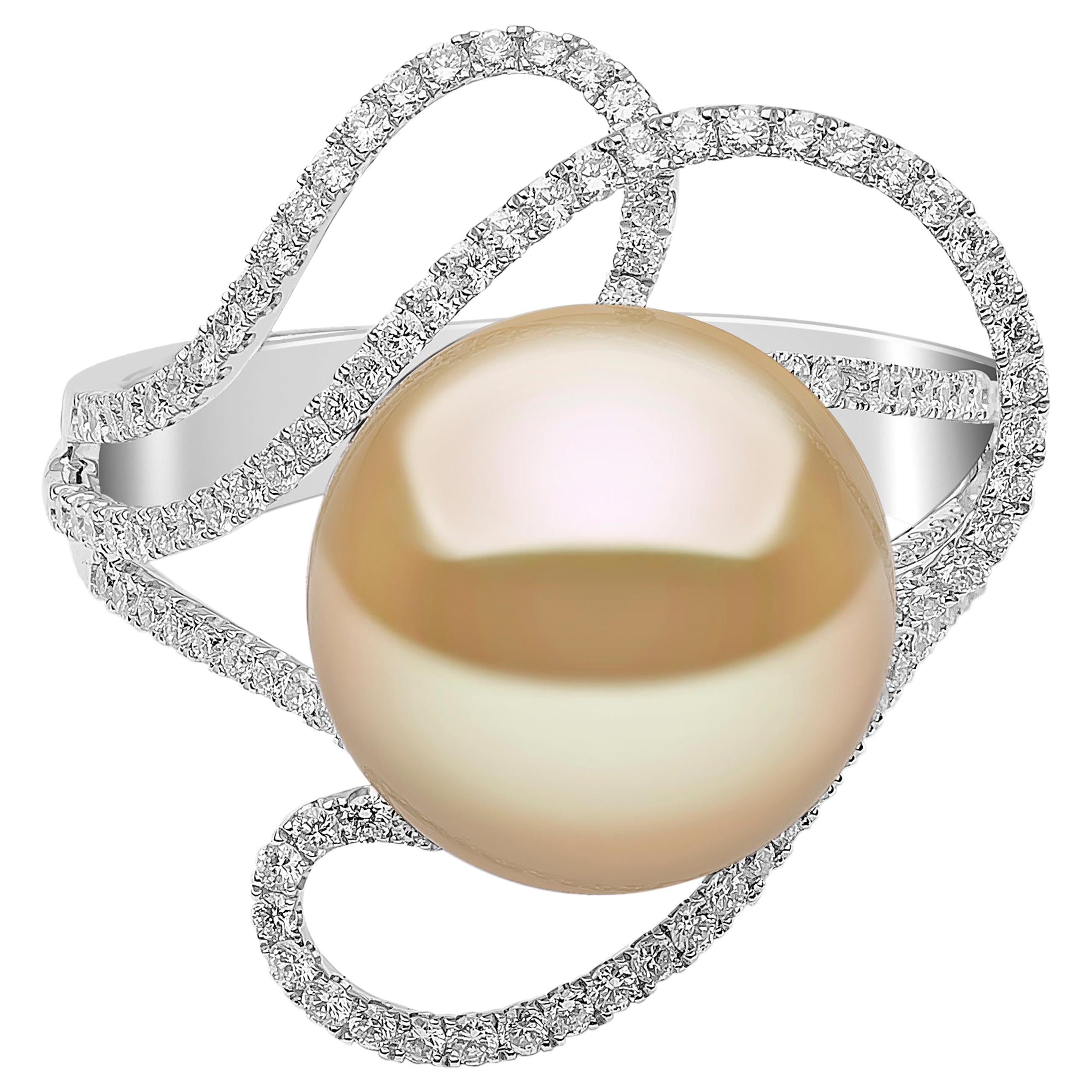 Yoko London Golden South Sea Pearl and Diamond Ring in 18 Karat White Gold