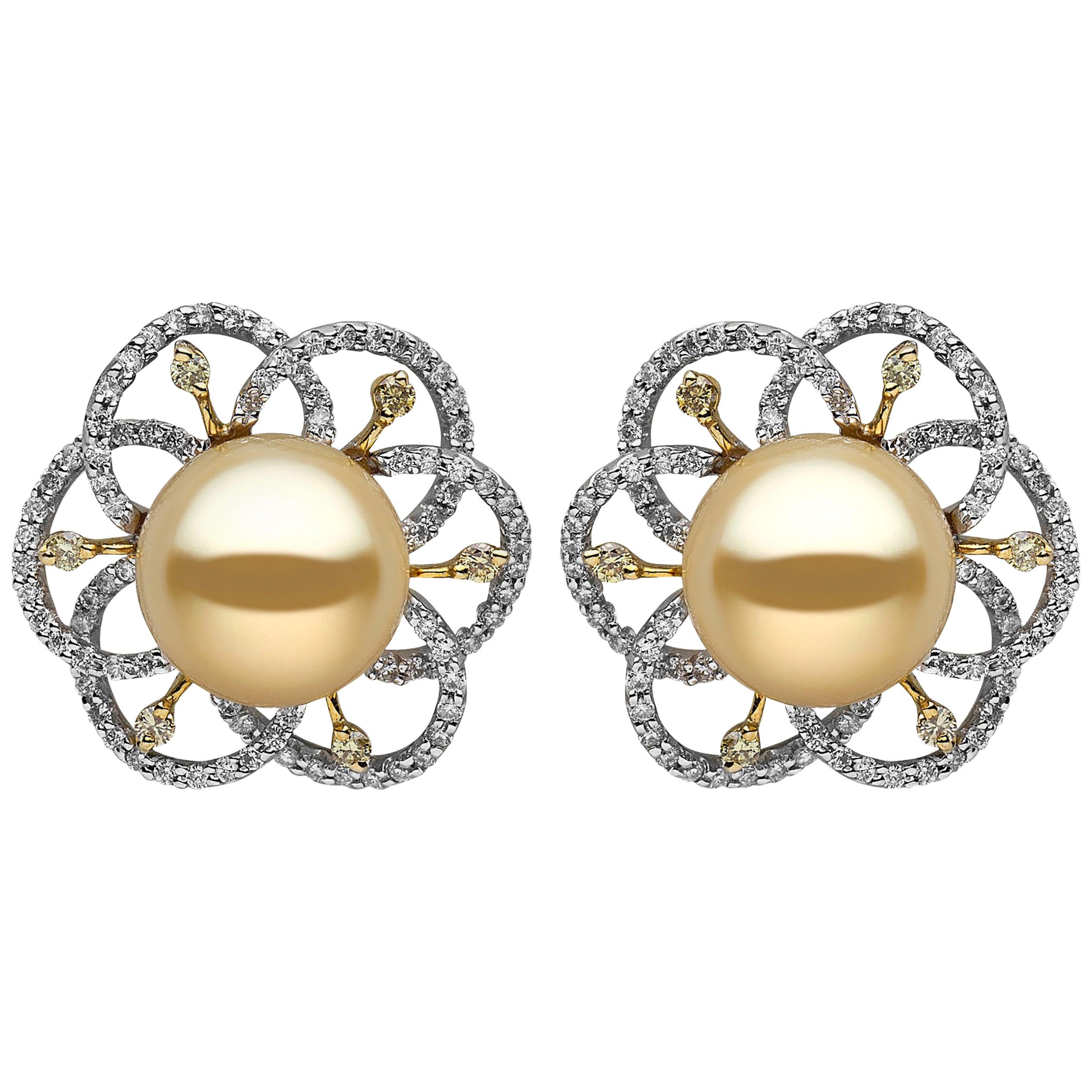 Yoko London Golden South Sea Pearl, White and Yellow Diamond 18K Gold Earrings