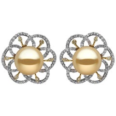 Yoko London Golden South Sea Pearl, White and Yellow Diamond 18K Gold Earrings