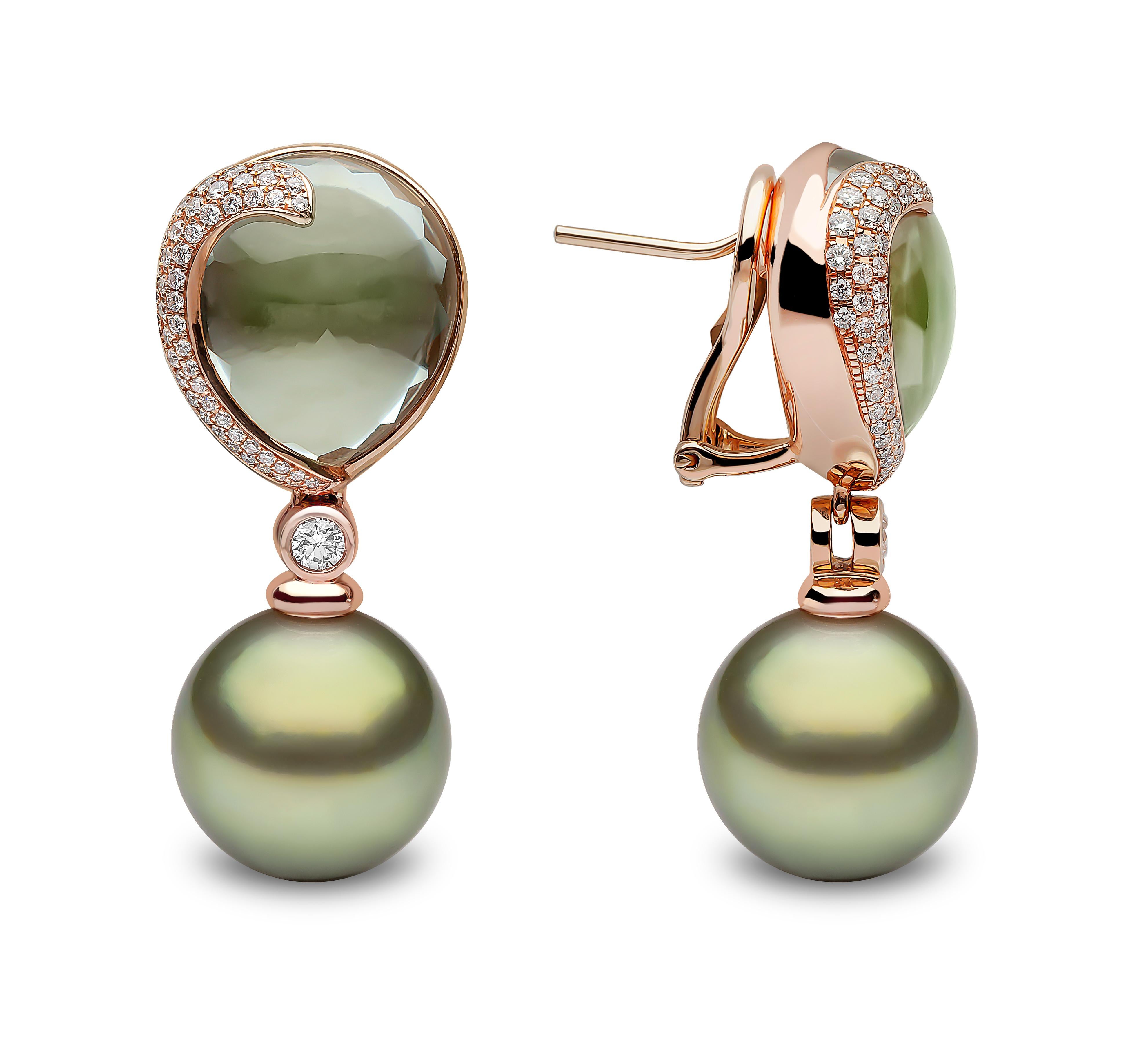 Contemporary Yoko London Green Amethyst, Diamond and Pearl Earrings in 18 Karat Rose Gold