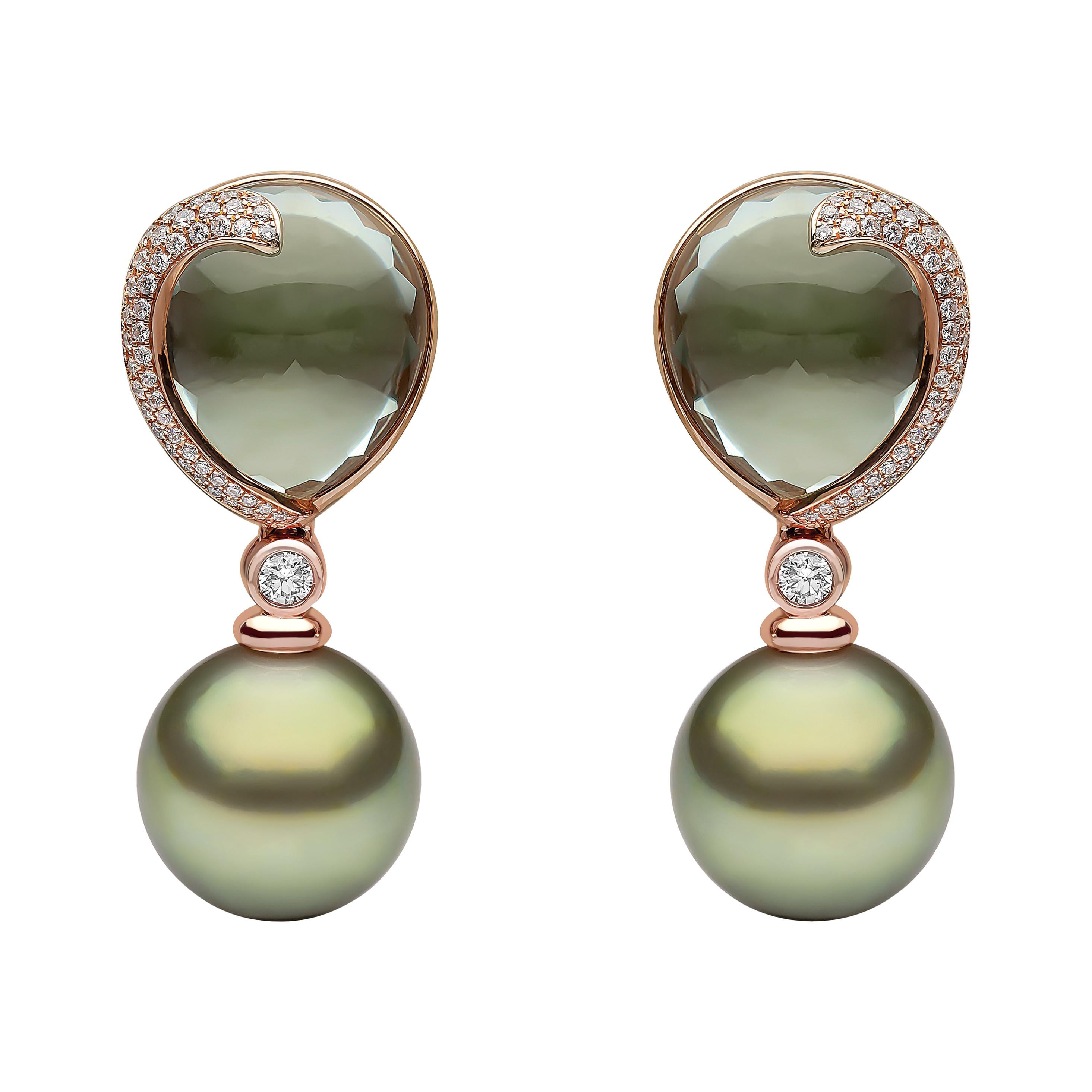 Yoko London Green Amethyst, Diamond and Pearl Earrings in 18 Karat Rose Gold