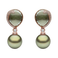 Yoko London Green Amethyst, Diamond and Pearl Earrings in 18 Karat Rose Gold