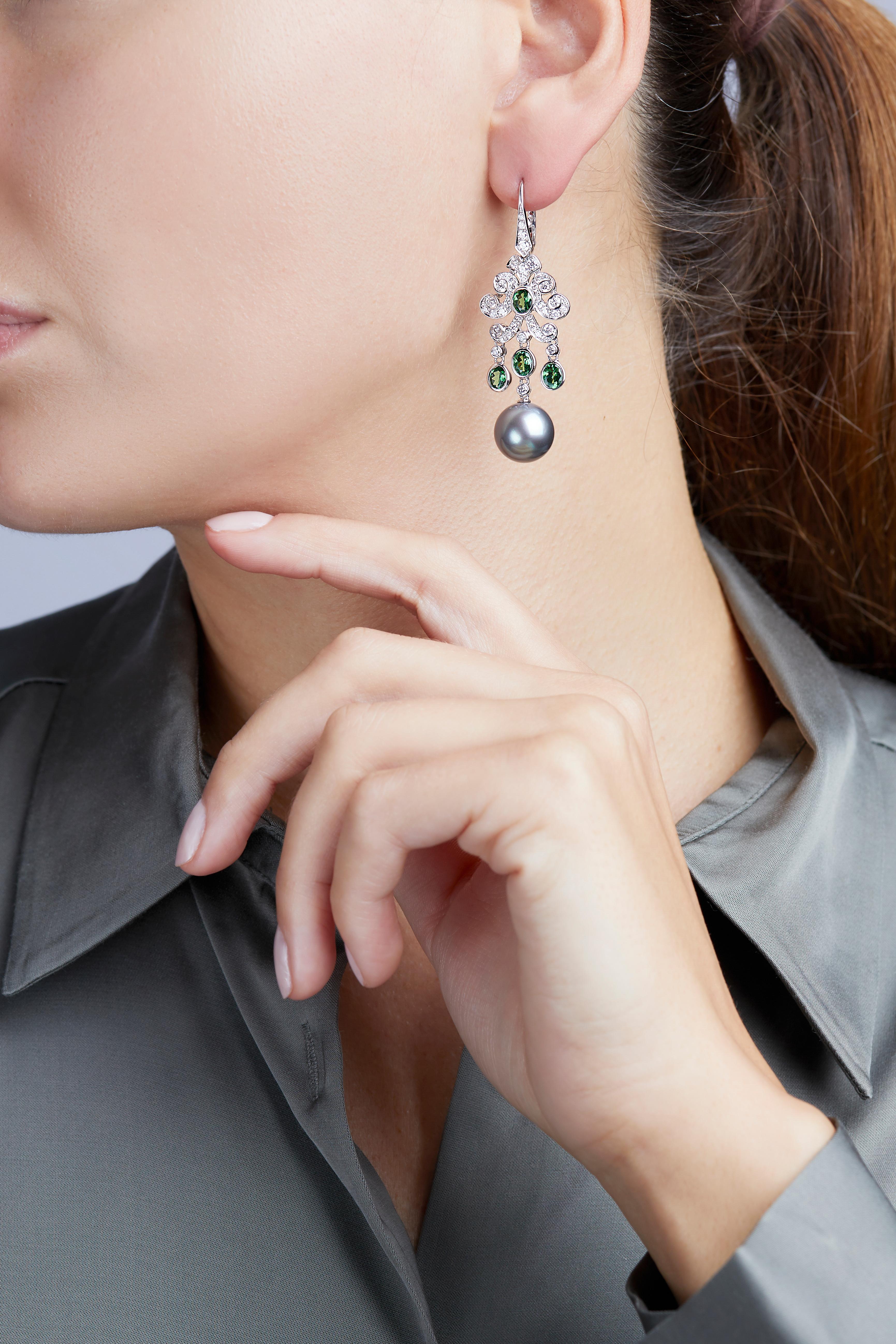 Modern Yoko London Grey Tahitian Pearl, Tsavorite Garnet and Diamond 18K Gold Earrings For Sale