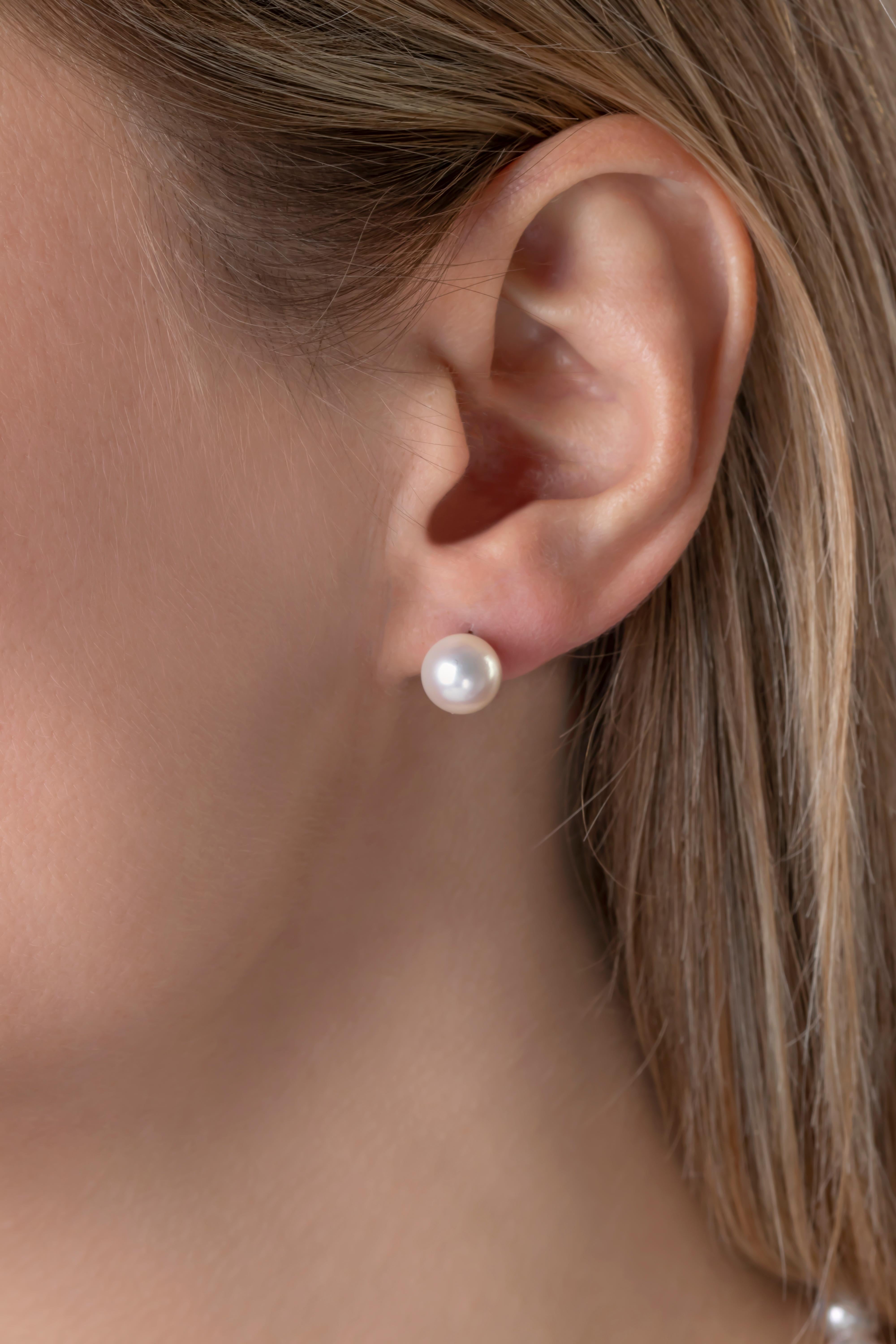 These timeless stud earrings by Yoko London feature high quality 8.5-9mm Japanese Akoya pearls on a traditional 18 Karat White Gold post and scroll fitting. Classic and elegant, these lustrous pearl earrings are an essential for every jewellery