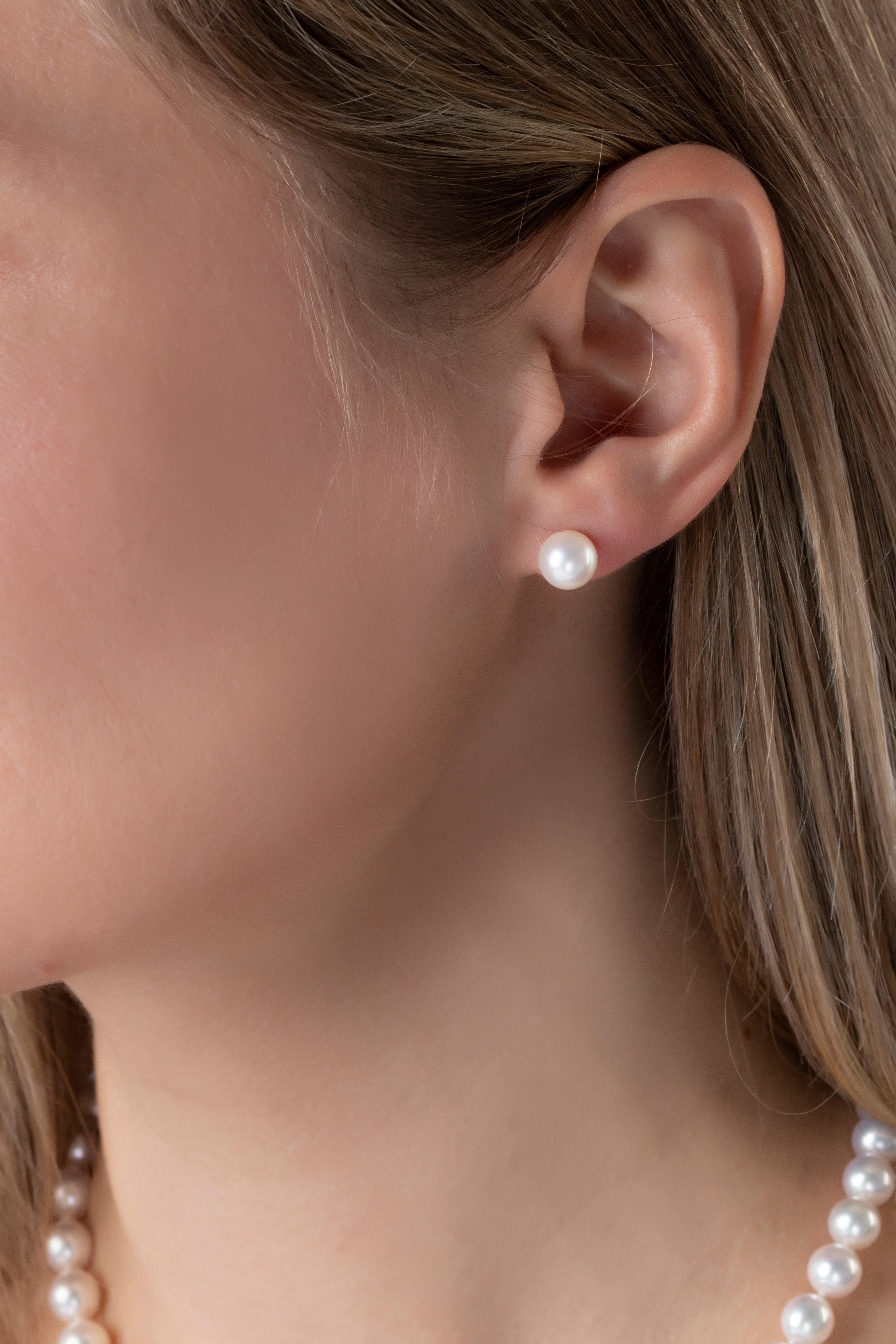 These timeless stud earrings by Yoko London feature high quality 8-8.5mm Japanese Akoya pearls on a traditional 18 Karat Yellow Gold post and scroll fitting. Classic and elegant, these lustrous pearl earrings are an essential for every jewellery