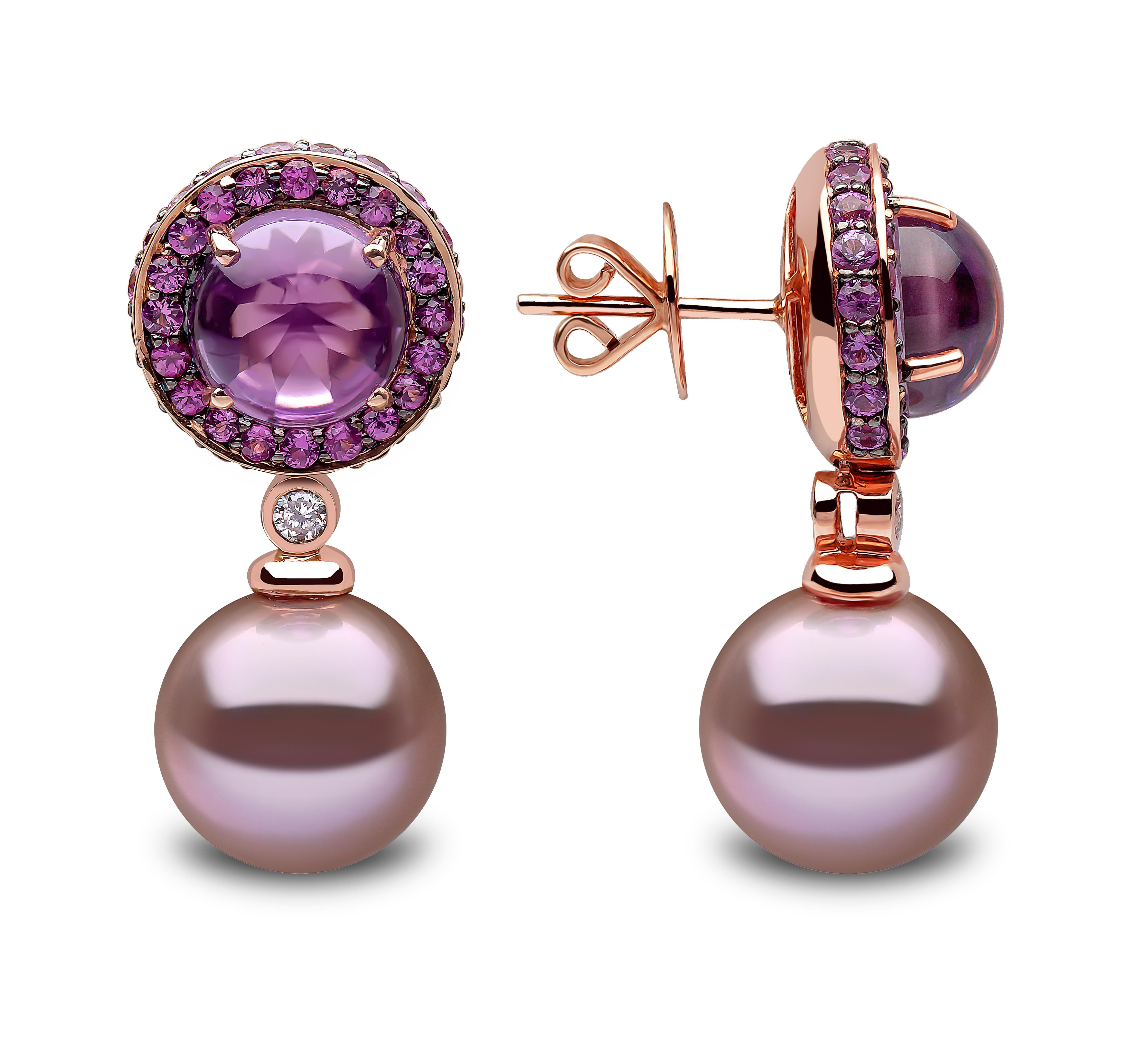 Modern Yoko London Pearl, Amethyst, Purple Sapphire and Diamond Earrings, 18 Karat Gold