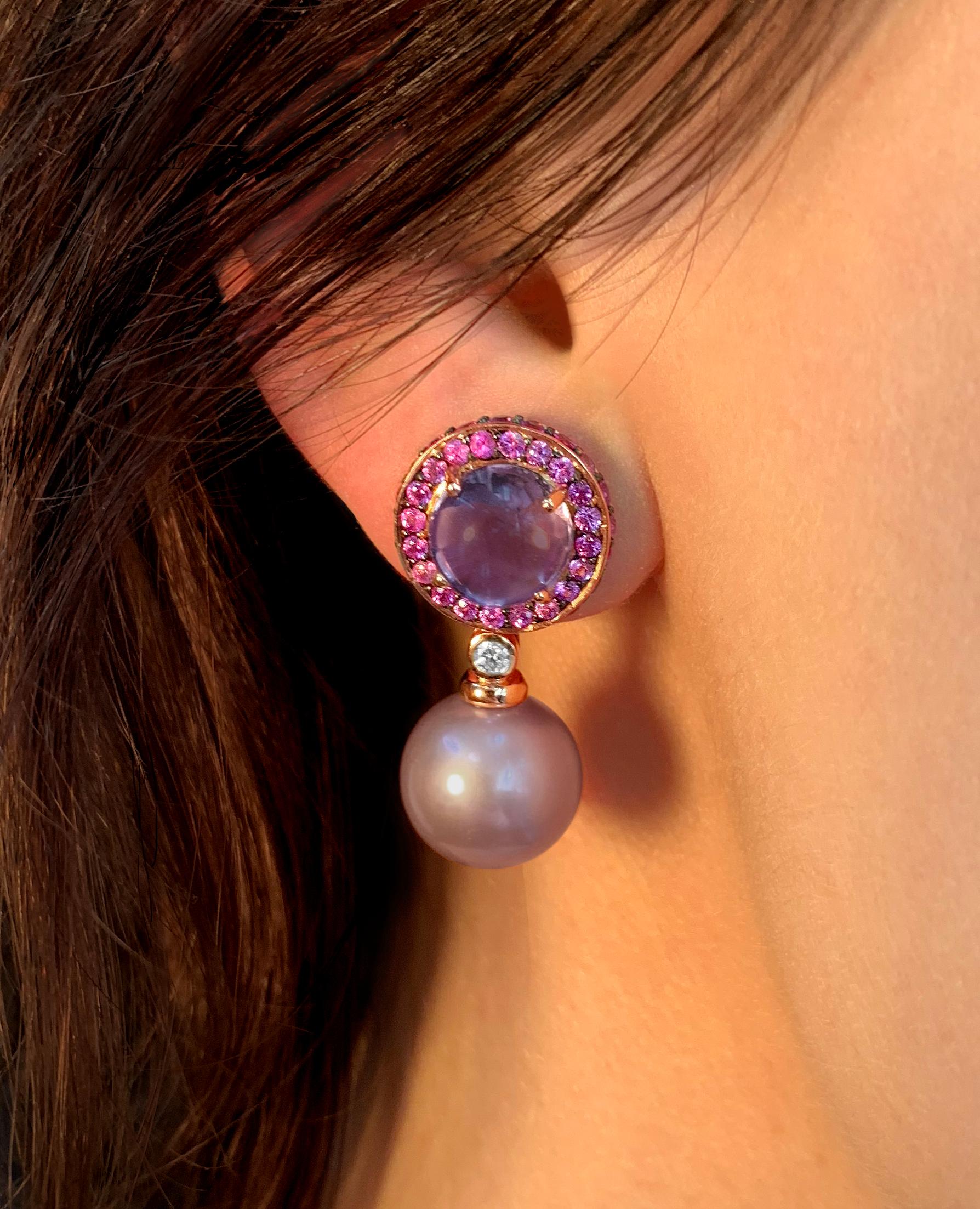 Round Cut Yoko London Pearl, Amethyst, Purple Sapphire and Diamond Earrings, 18 Karat Gold