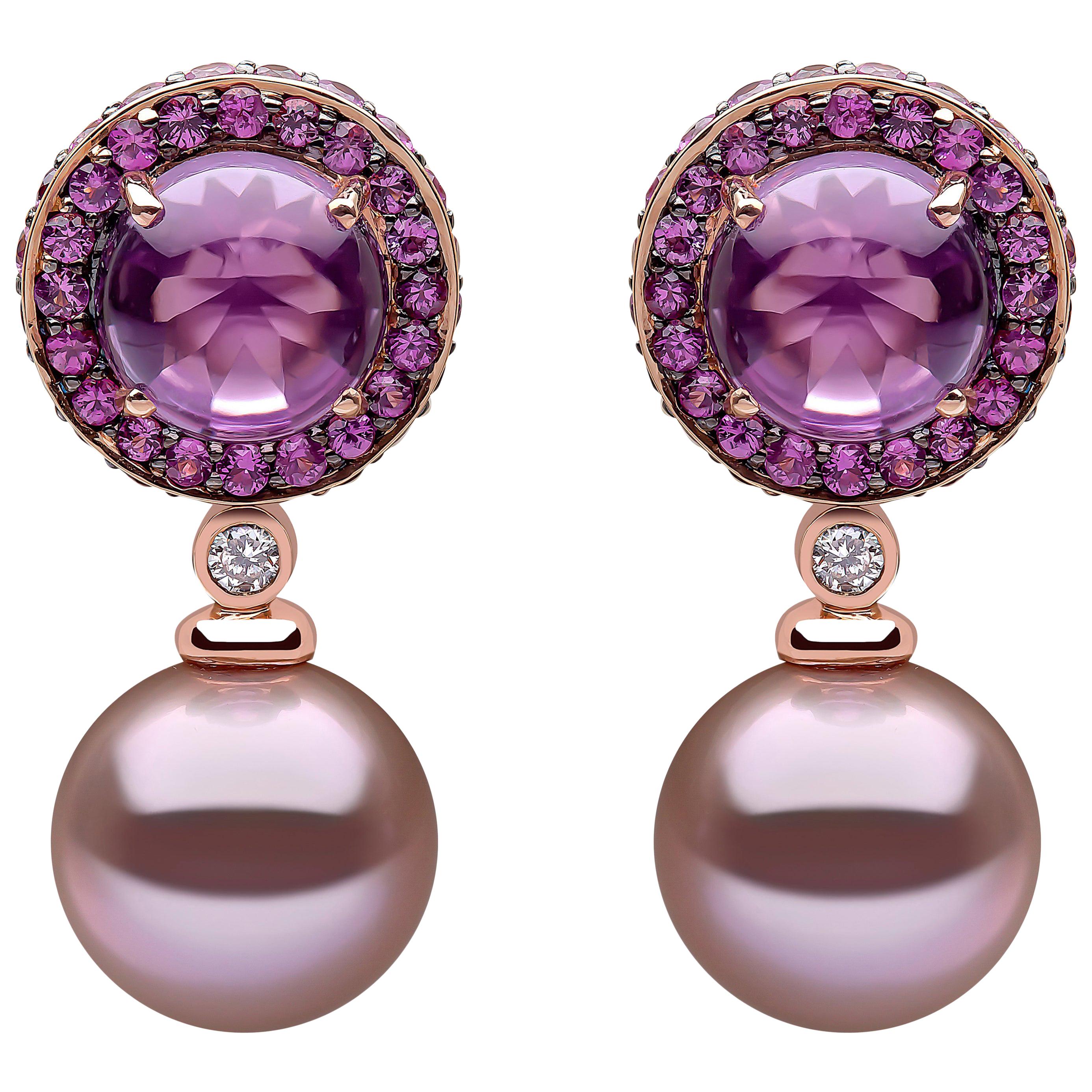Yoko London Pearl, Amethyst, Purple Sapphire and Diamond Earrings, 18 Karat Gold