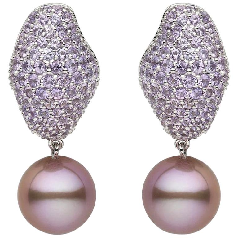 Yoko London Pearl and Pink Sapphire Drop Earrings in 18 Karat White Gold For Sale