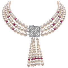 Yoko London Pearl and Ruby Three-Row Tassel Choker set in 18 Karat White Gold