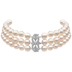 Yoko London Pearl Choker with Art Deco Style Diamond Set 18 Karat Gold Clasp