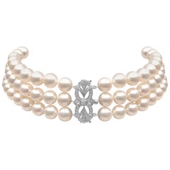 Yoko London Pearl Choker with Art Deco Style Diamond Set 18 Karat Gold Clasp