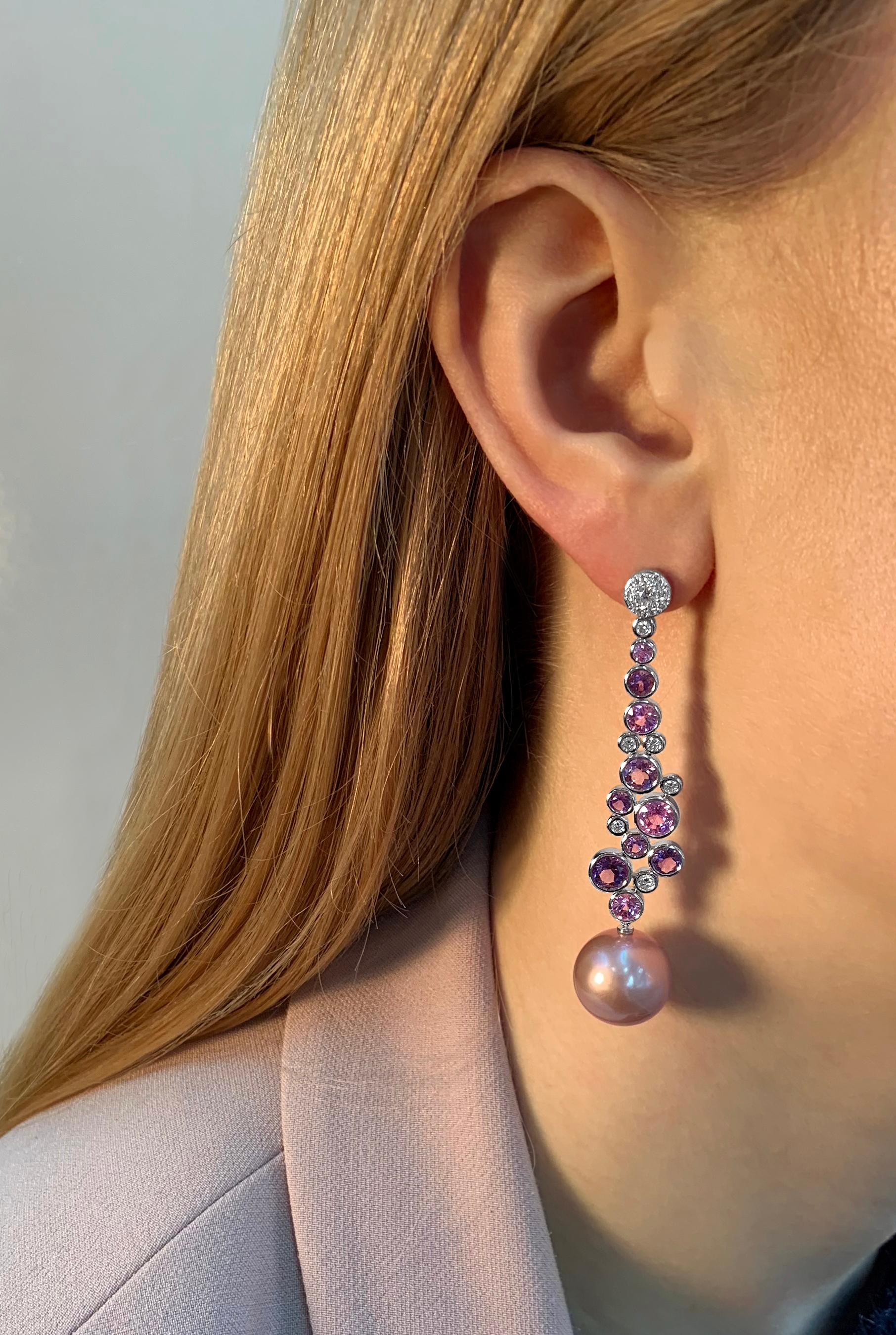 Yoko London Perlen-, Diamant-, Amethyst- und rosa Saphir-Ohrringe aus 18 Karat Gold (Zeitgenössisch) im Angebot
