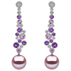 Yoko London Pearl, Diamond, Amethyst and Pink Sapphire Earrings in 18 Karat Gold