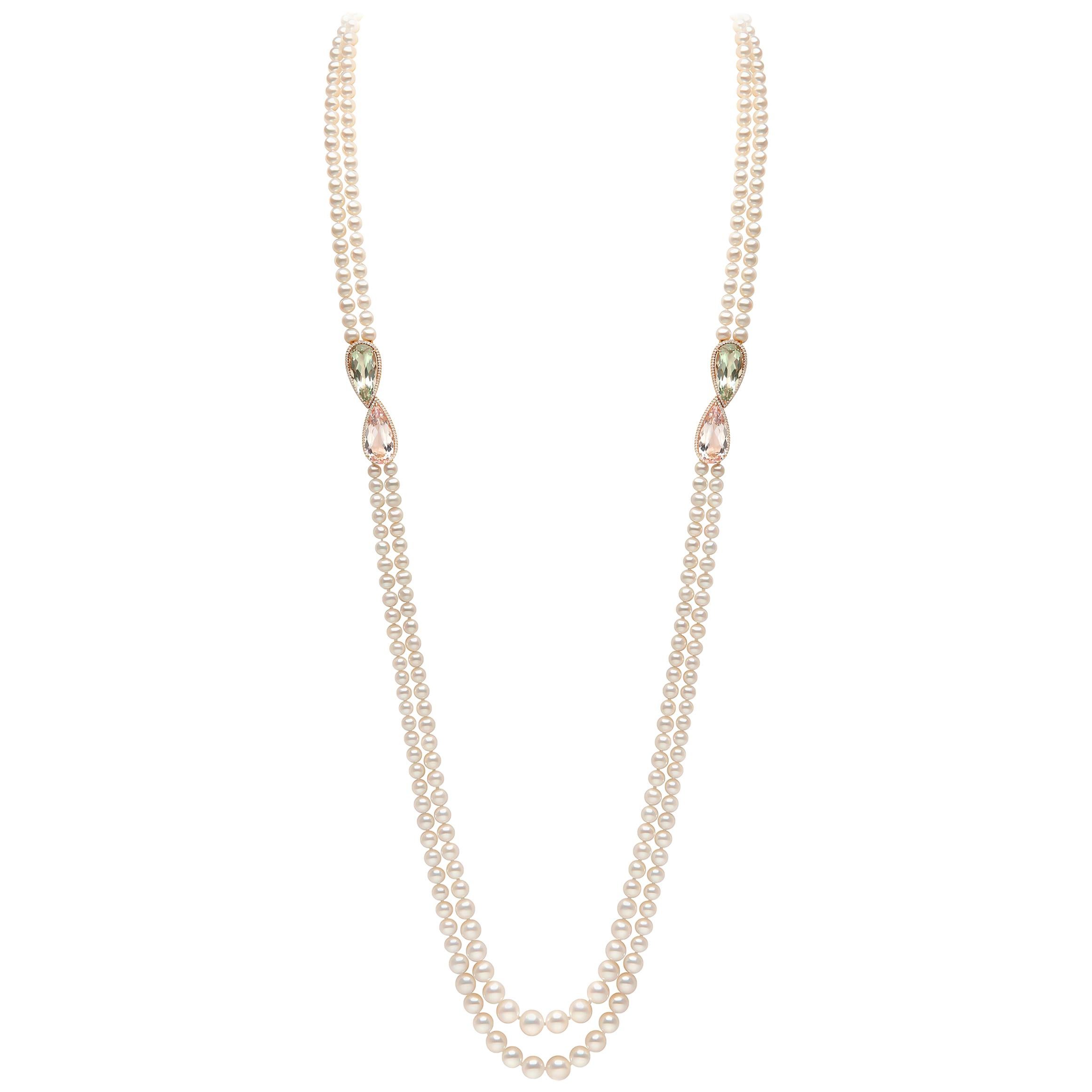 Yoko London Pearl, Diamond, Morganite & Green Amethyst Necklace in 18 Karat Gold For Sale