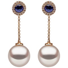 Yoko London Pearl, Sapphire and Diamond Earrings Set in 18 Karat Yellow Gold