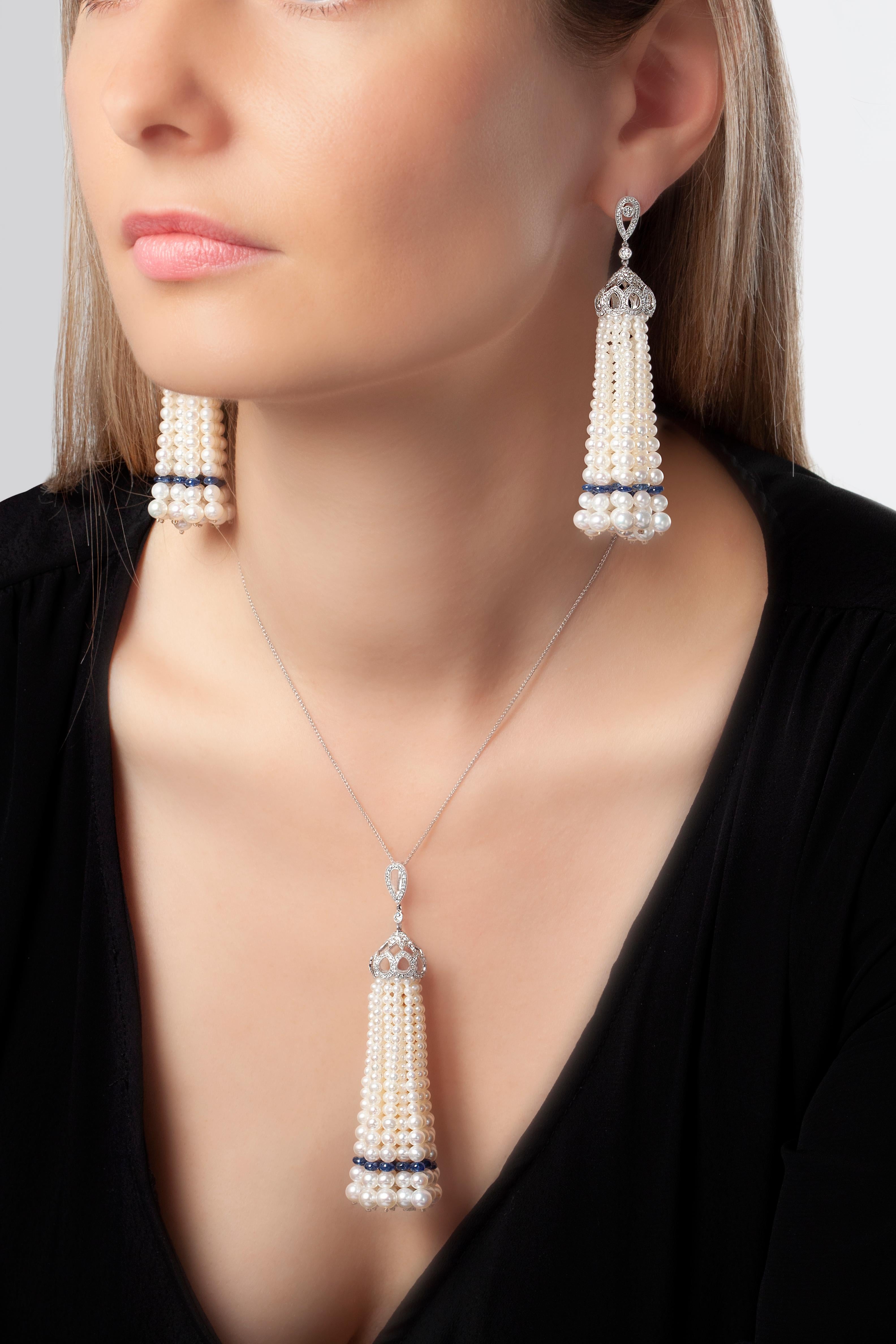 Contemporary Yoko London Pearl, Sapphire and Diamond Tassel Earrings in 18 Karat White Gold