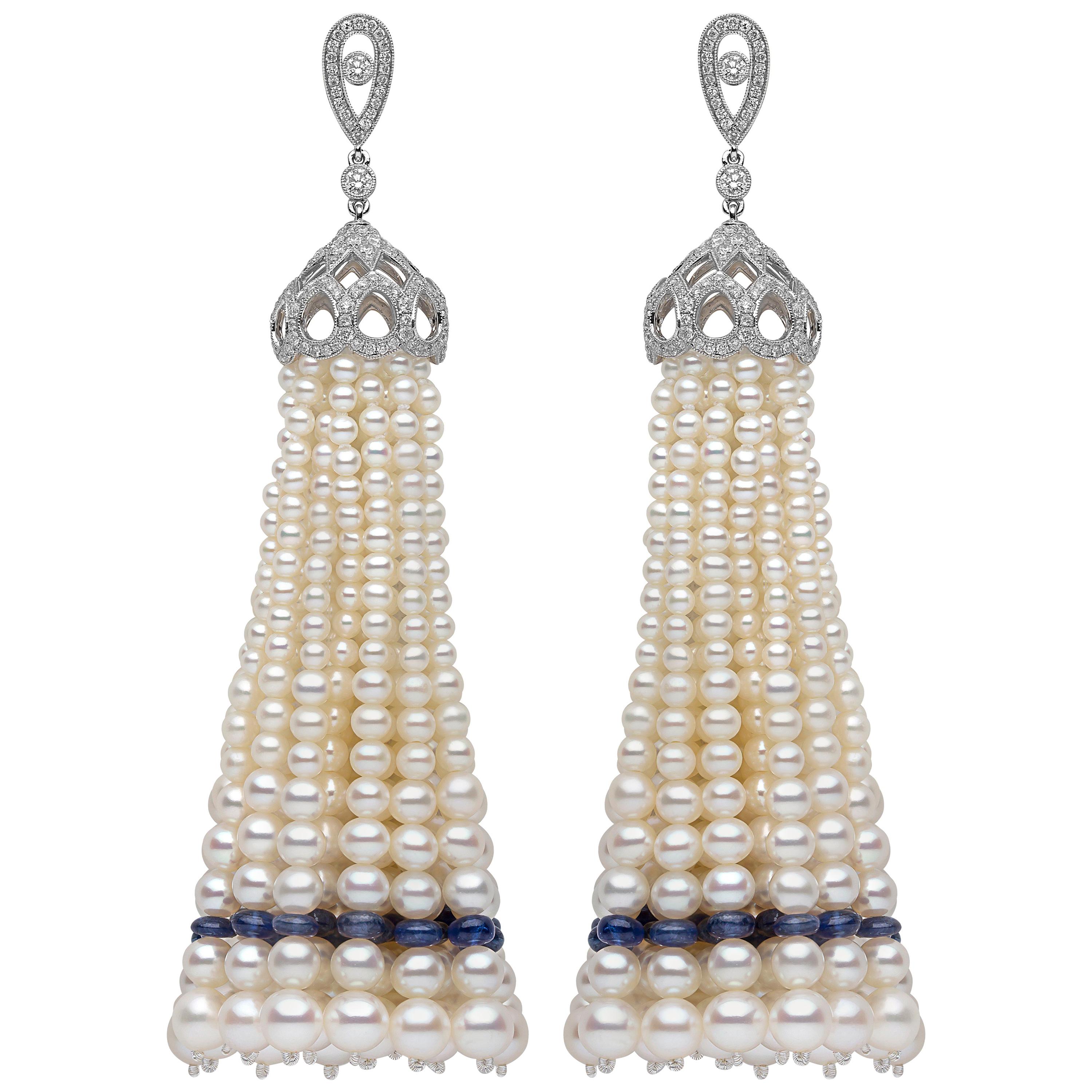 Yoko London Pearl, Sapphire and Diamond Tassel Earrings in 18 Karat White Gold