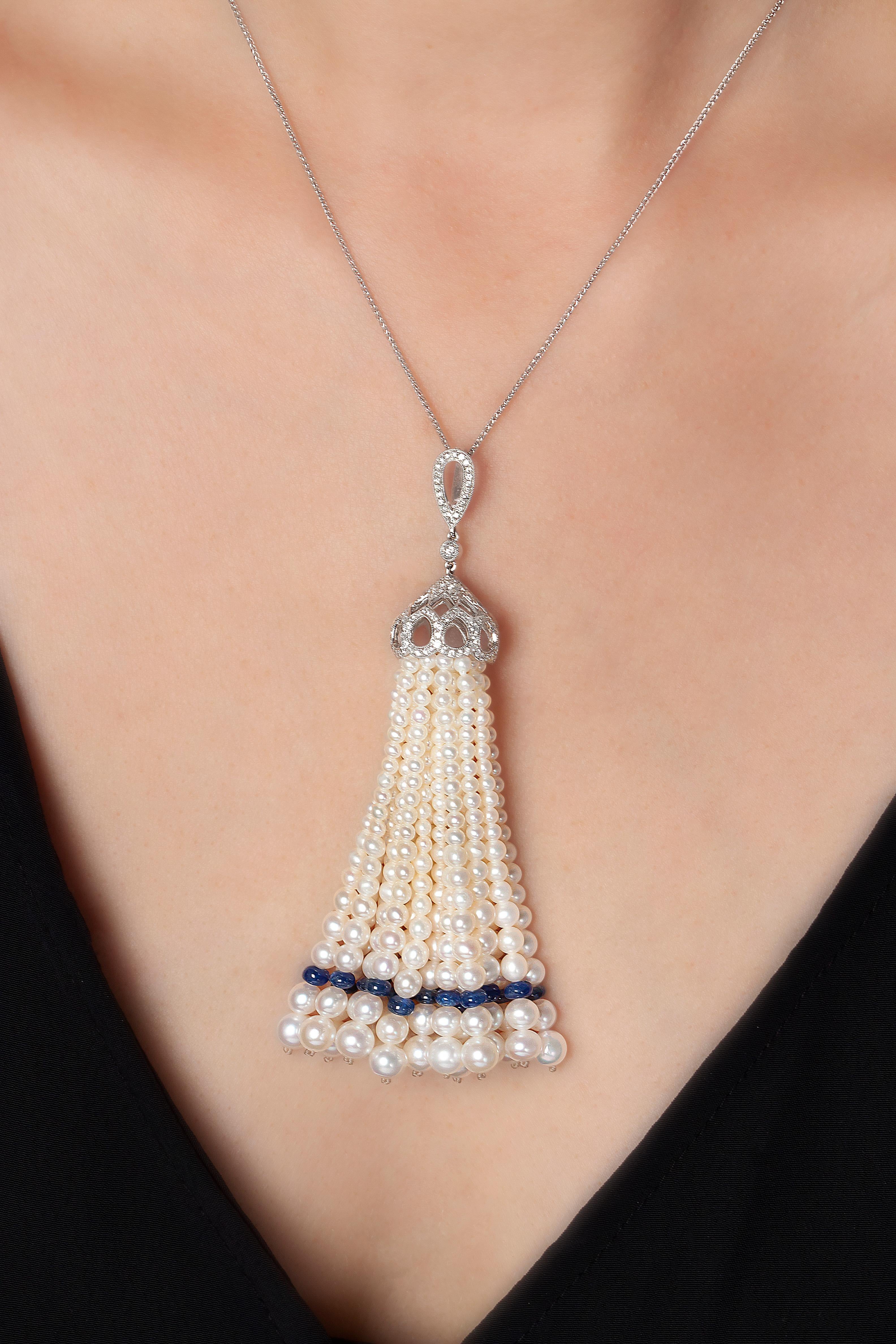 This enchanting pendant by Yoko London features a Freshwater pearl tassel, completed with vibrant Sapphire rondelles. The striking tassel sits beneath an ornate arrangement of diamonds; a design that has been meticulously crafted in our London