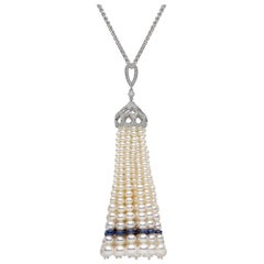 Yoko London Pearl, Sapphire and Diamond Tassel Pendant in 18 Karat White Gold