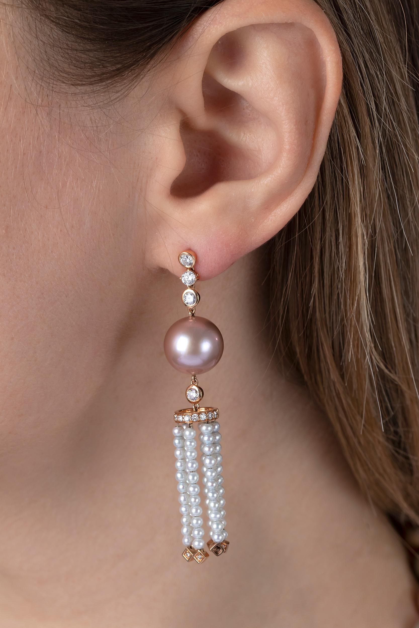 Contemporary Yoko London Pink and White Pearl and Diamond Tassel Earrings in 18K Rose Gold