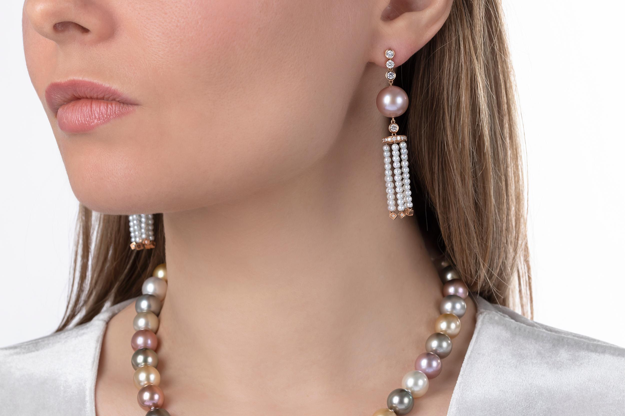 Round Cut Yoko London Pink and White Pearl and Diamond Tassel Earrings in 18K Rose Gold