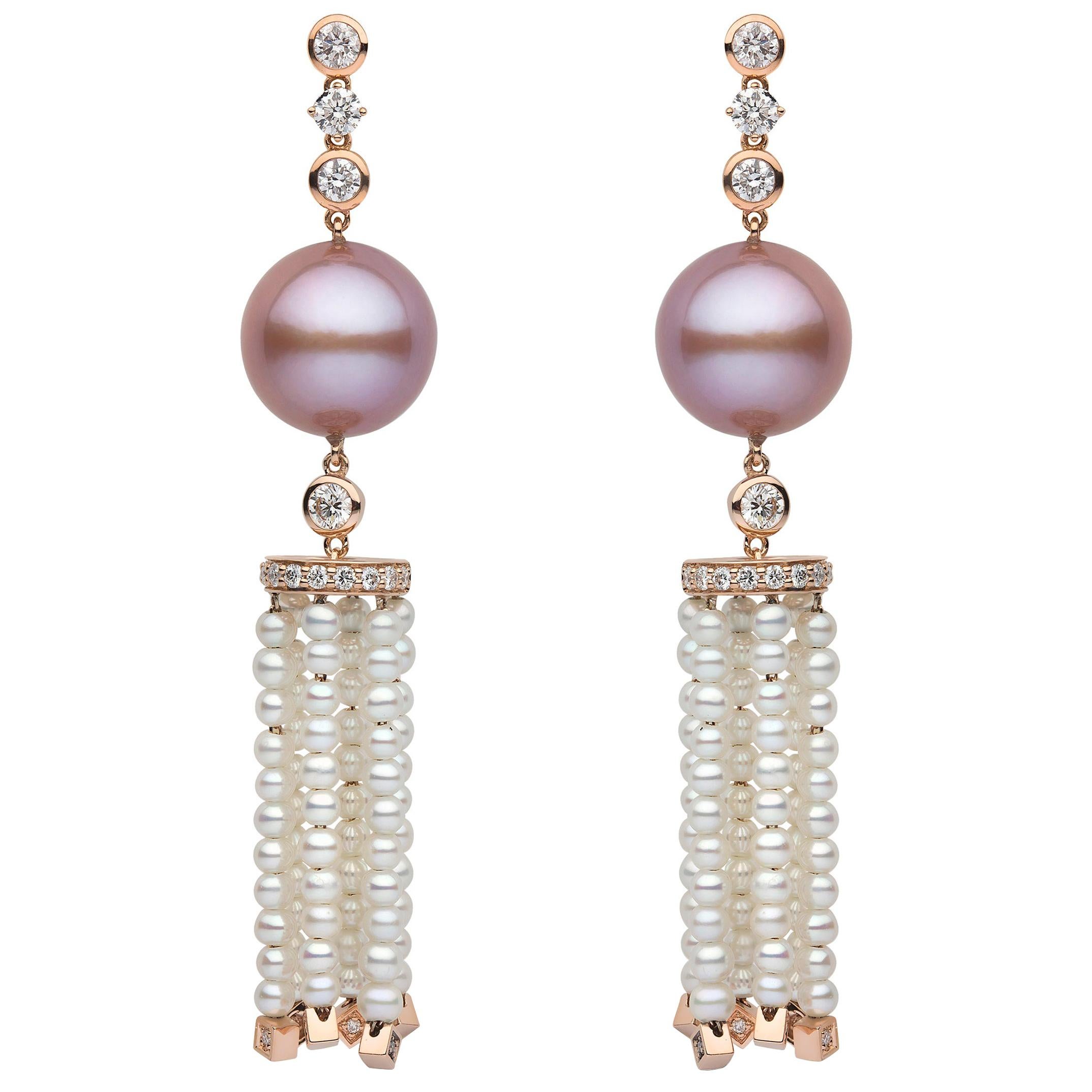 Yoko London Pink and White Pearl and Diamond Tassel Earrings in 18K Rose Gold