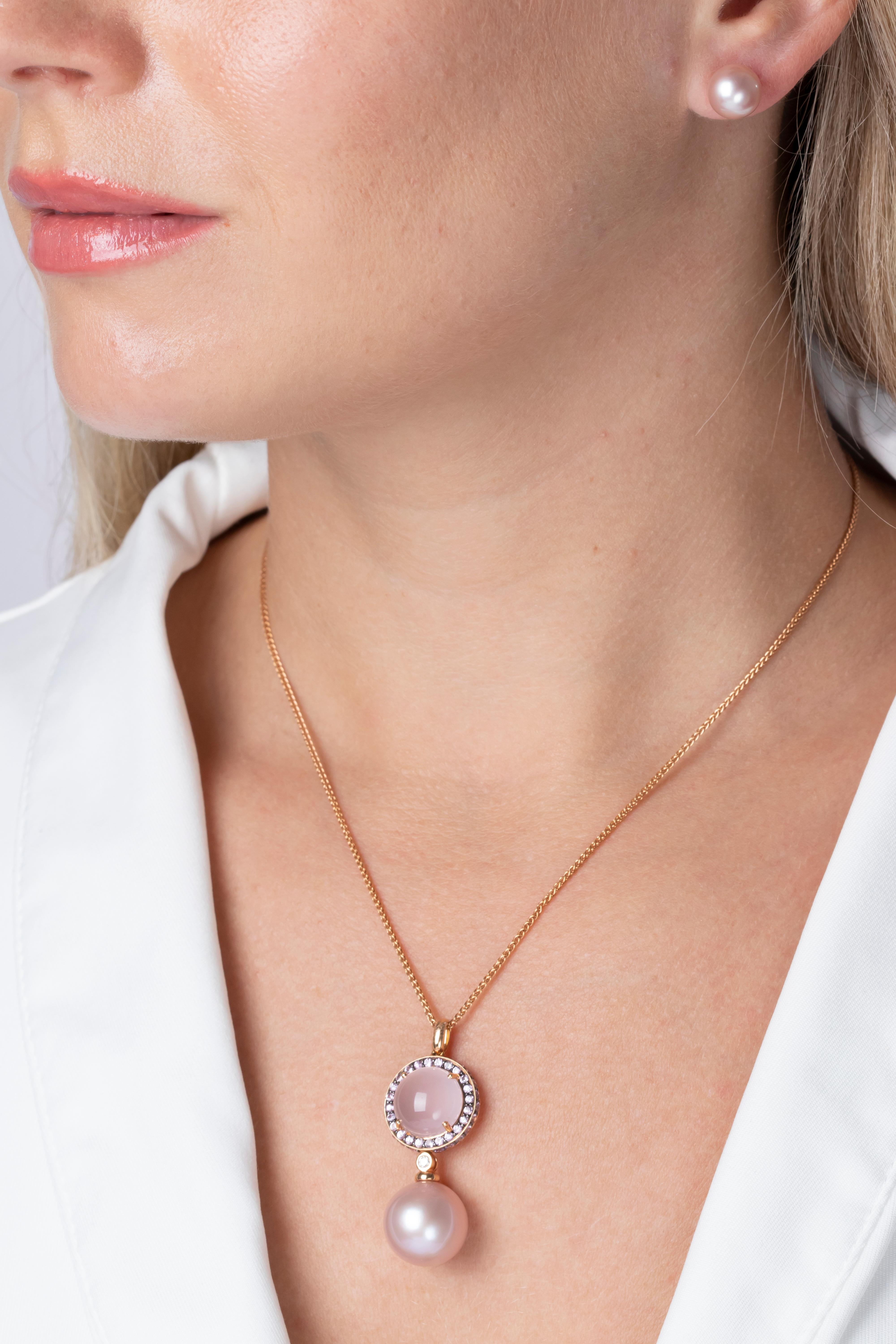 Contemporary Yoko London Pink Pearl, Sapphire Diamond & Rose Quartz Pendant in 18K Rose Gold