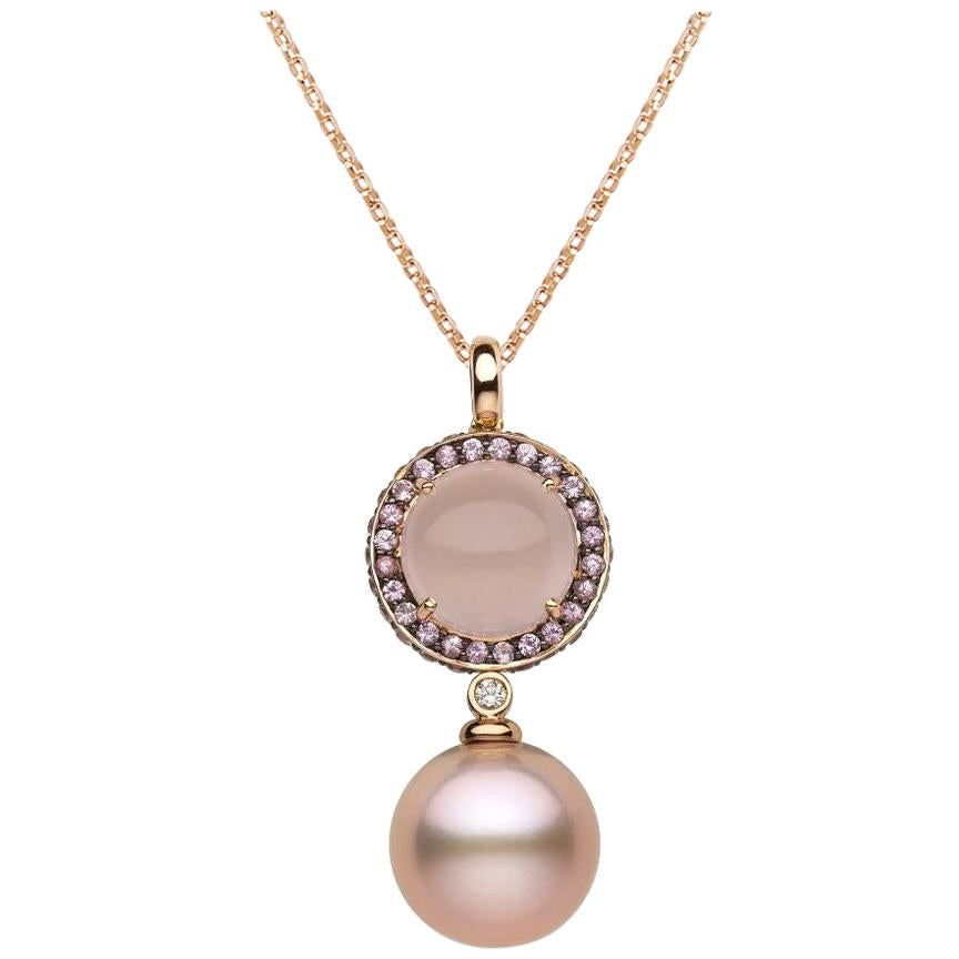 Yoko London Pink Pearl, Sapphire Diamond & Rose Quartz Pendant in 18K Rose Gold