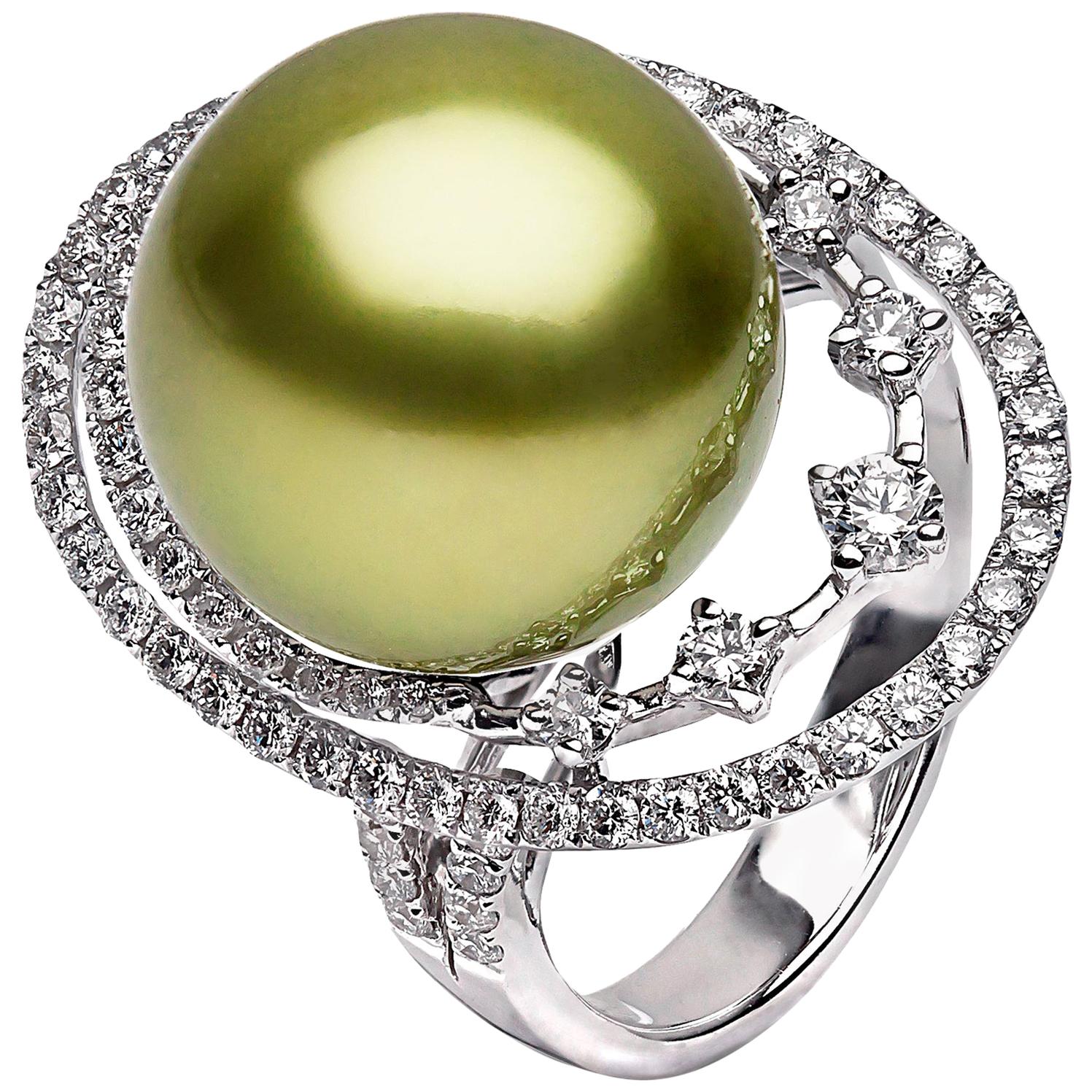 Yoko London Pistachio-Colored Tahitian Pearl and Diamond Ring in 18K White Gold