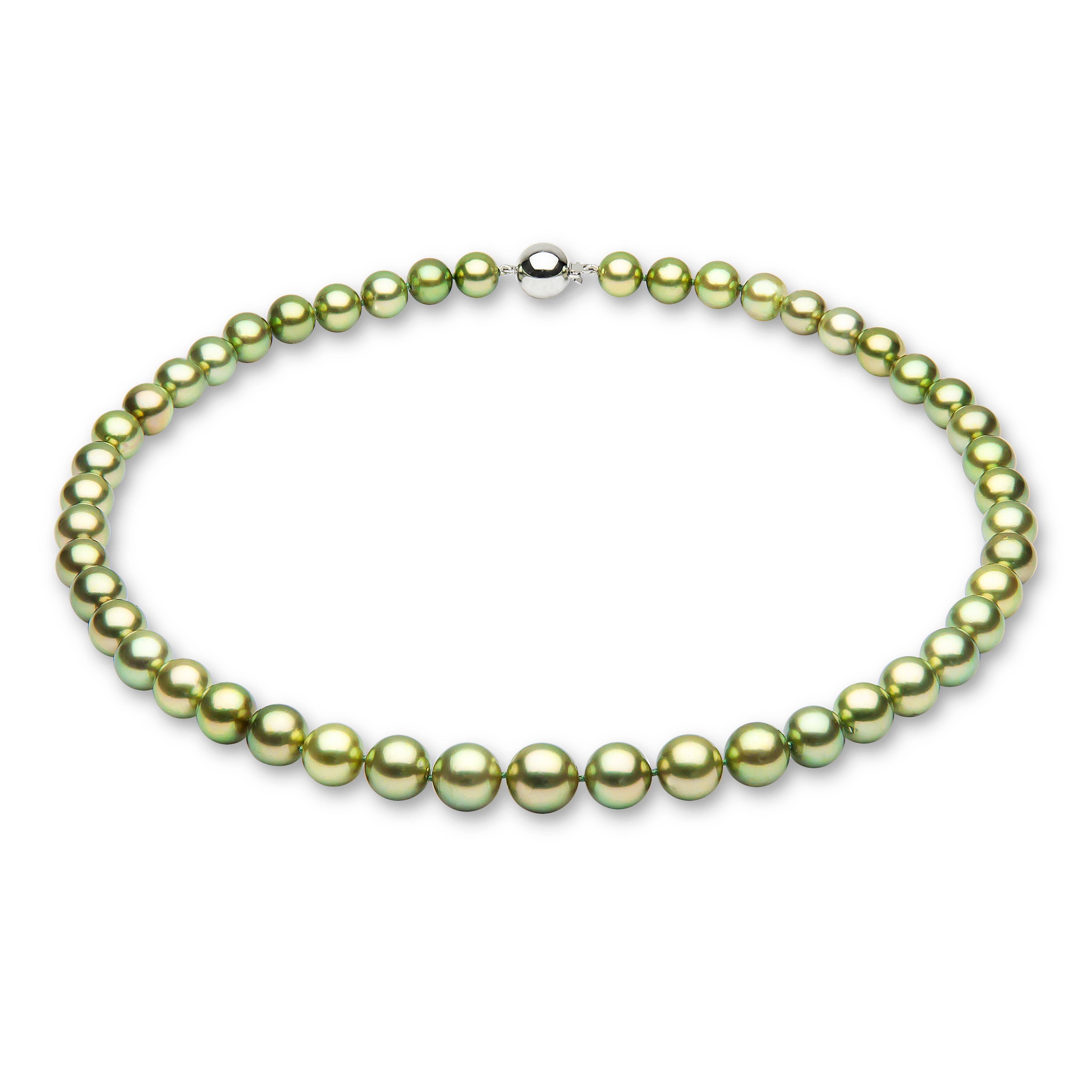 This spectacular necklace from Yoko London features a row of lustrous Pistachio-Coloured Tahitian pearls which softly graduate in size from 8 - 10.1mm allowing the necklace to sit elegantly upon its wearer’s neck. Completed with an 18 Karat white