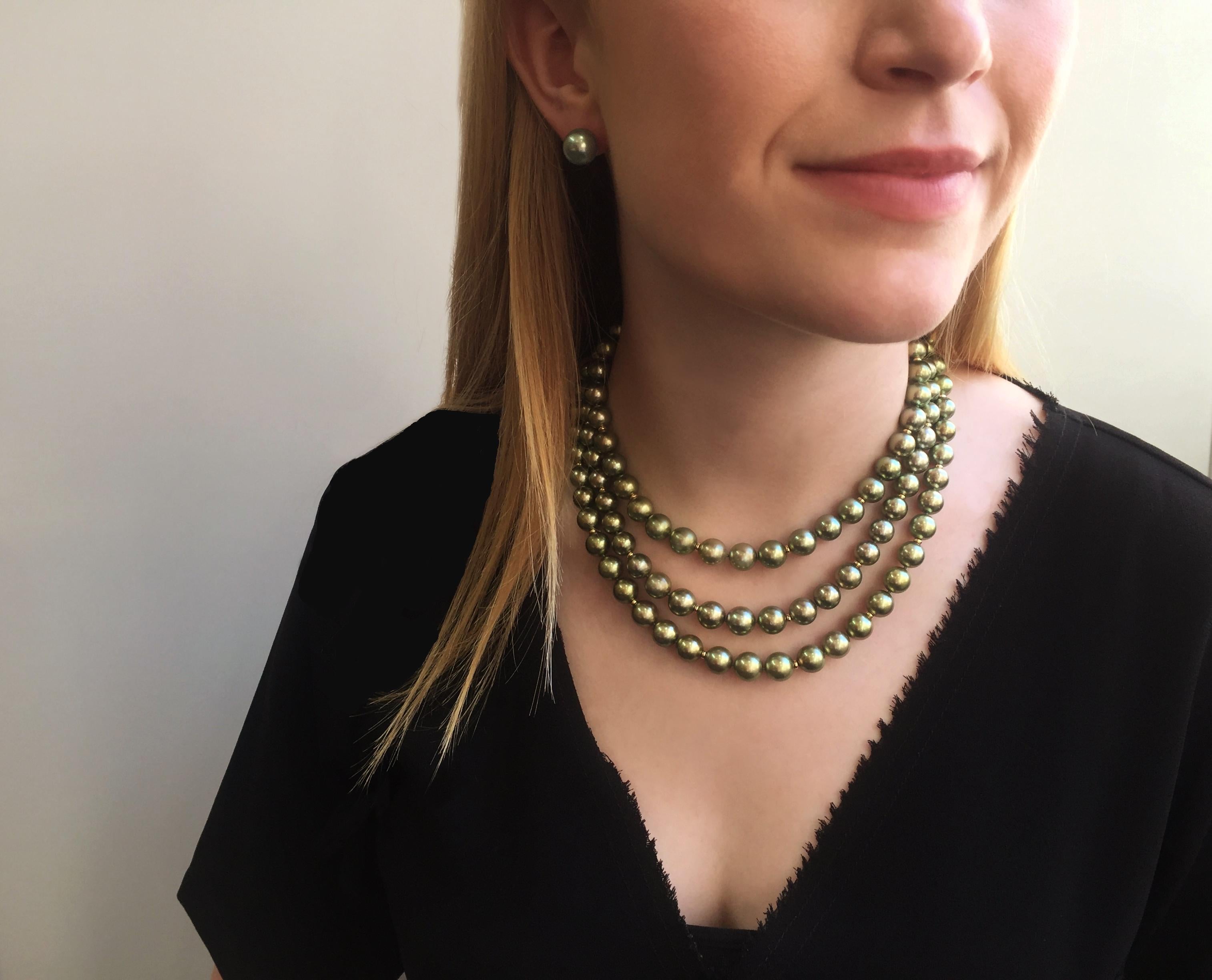 This spectacular necklace from Yoko London features three rows of lustrous Pistachio-Coloured Tahitian Pearls which softly graduate in size from 8-11mm allowing the necklace to sit elegantly upon its wearer’s neck. Completed with an 18 Karat Yellow