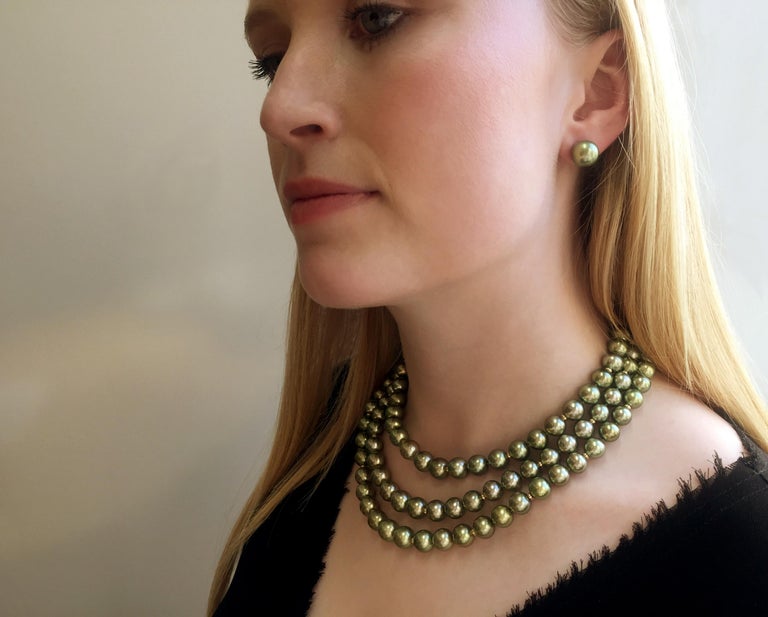 Yoko London PistachioColoured Tahitian Pearl ThreeRow Necklace For