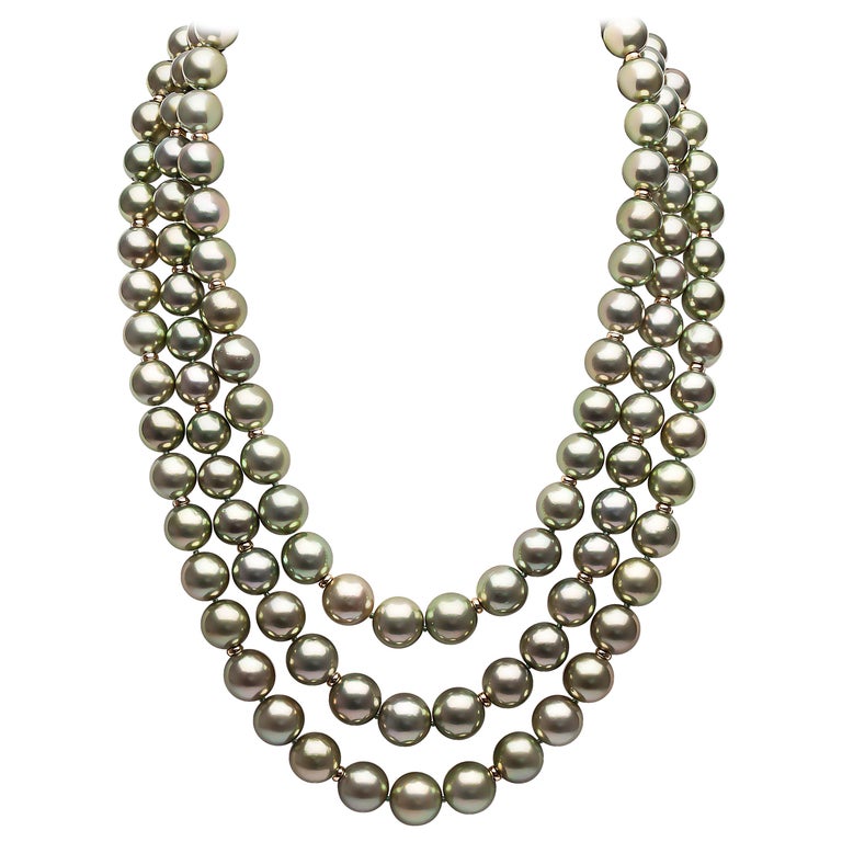 Yoko London PistachioColoured Tahitian Pearl ThreeRow Necklace For