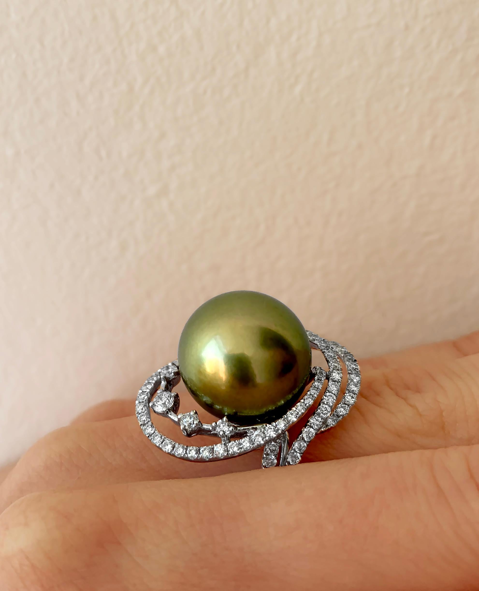 Women's Yoko London Pistachio-Colored Tahitian Pearl and Diamond Ring in 18K White Gold