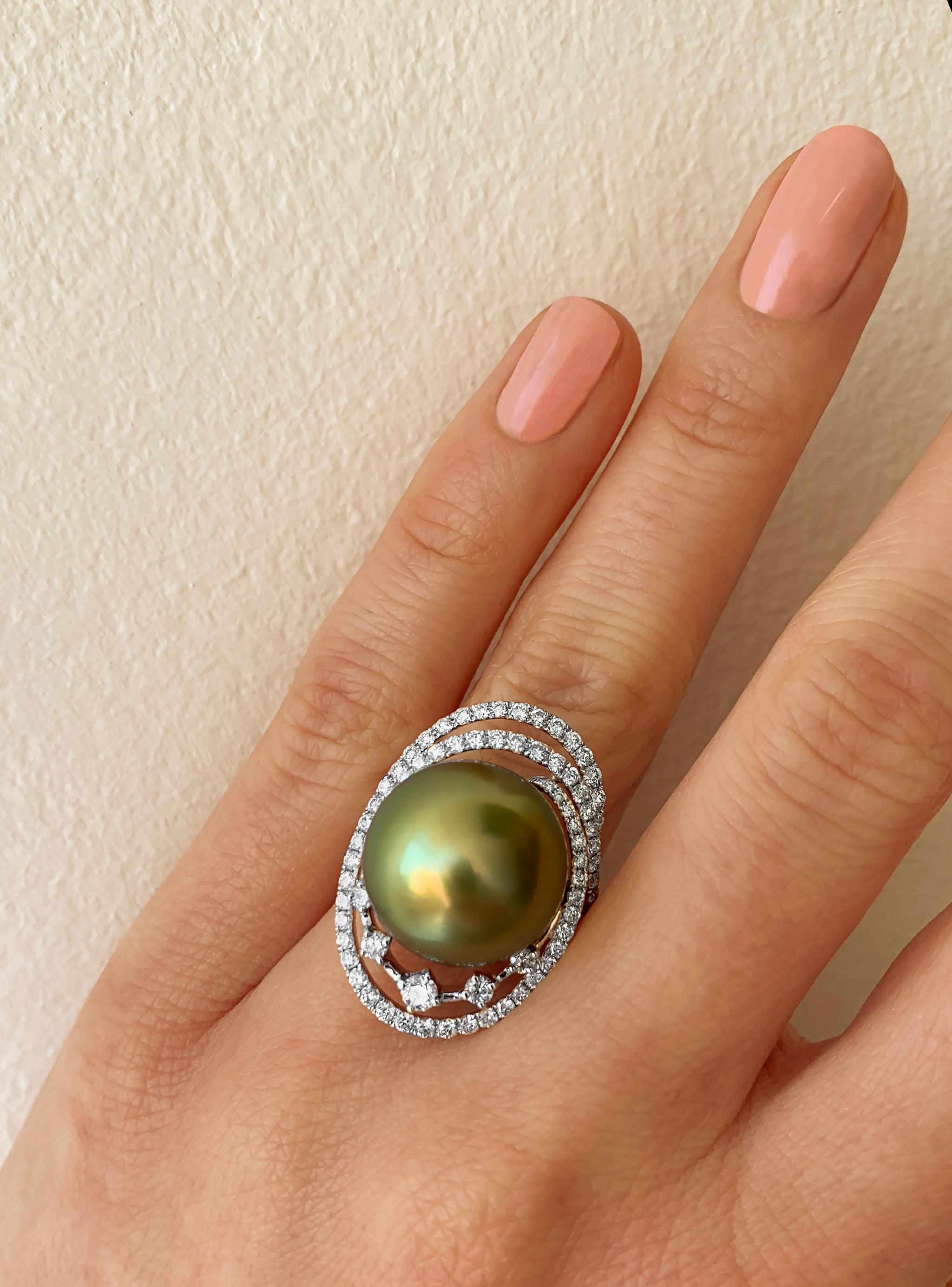 Yoko London Pistachio-Colored Tahitian Pearl and Diamond Ring in 18K White Gold 1