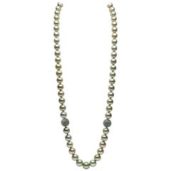 Yoko London Pistachio-Colored Tahitian Pearl and Sapphire Necklace 18 Karat Gold