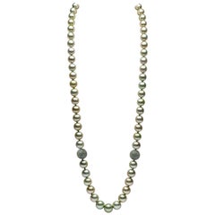 Yoko London Pistachio-Colored Tahitian Pearl and Sapphire Necklace 18 Karat Gold